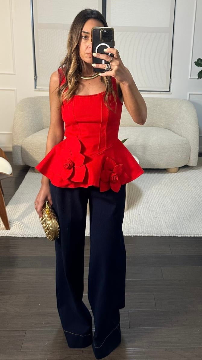 RED FLEUR PEPLUM TOP