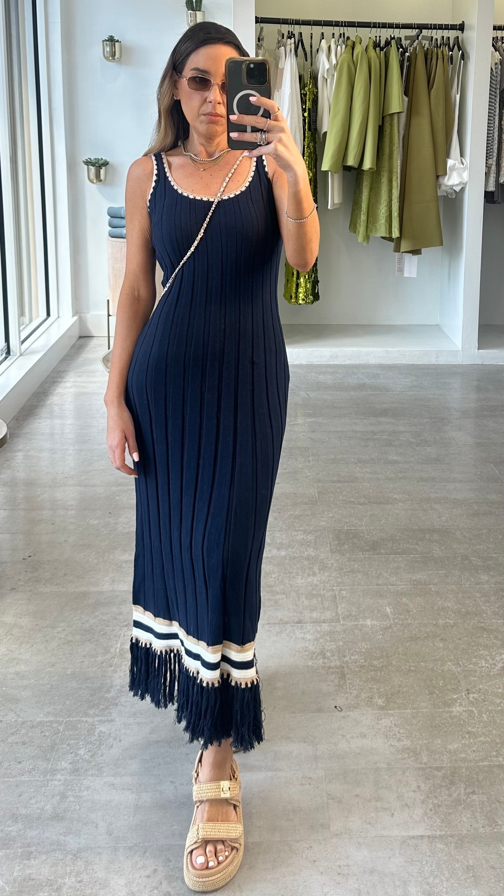 BLUE KNIT FRINGE DRESS
