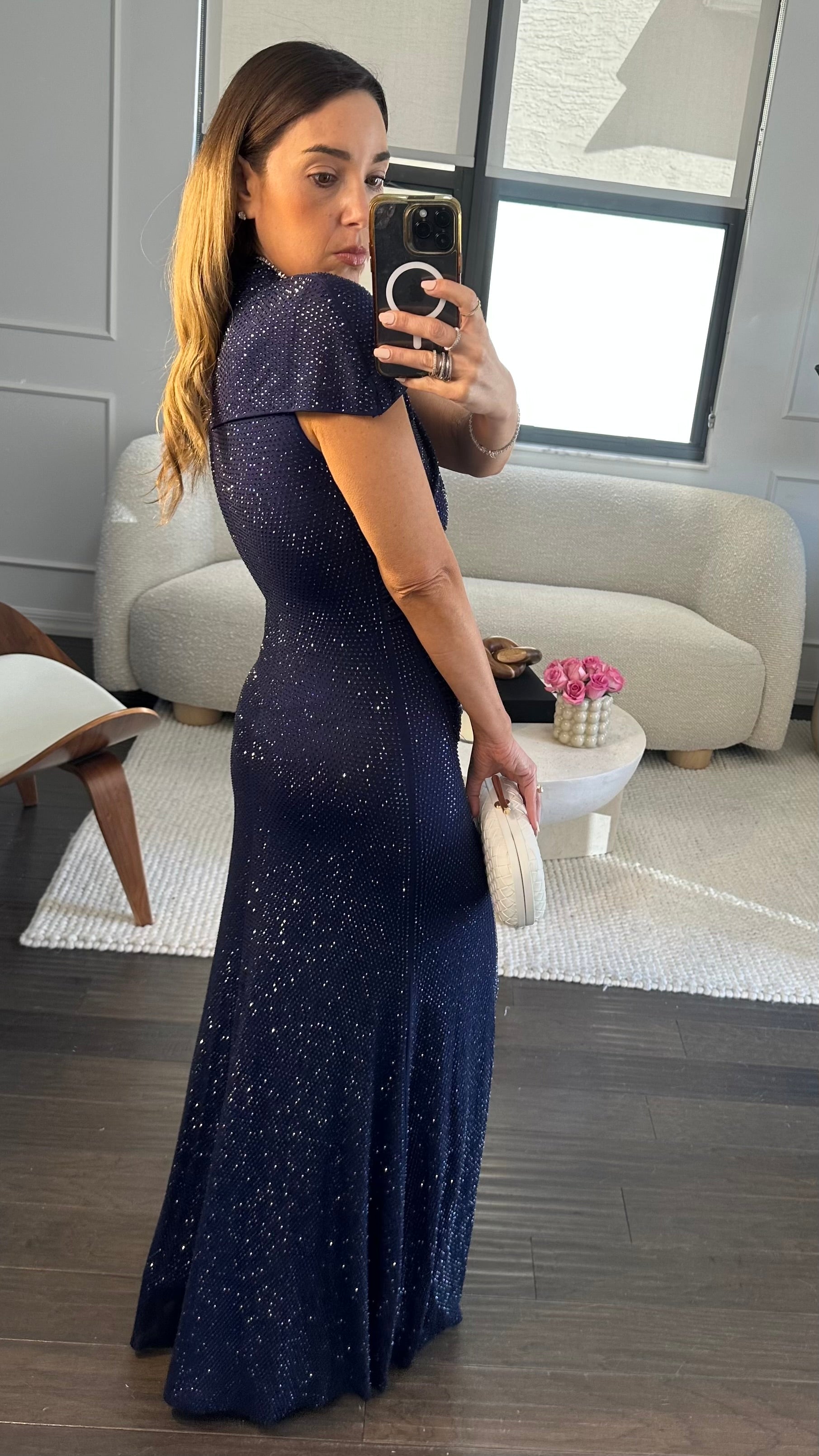 NAVY SHINE CAPE DRESS