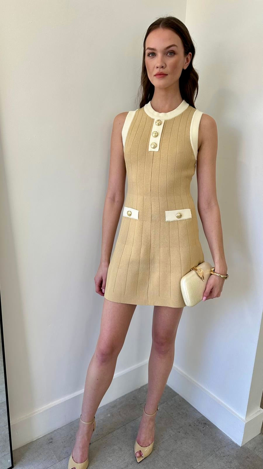 BEIGE CONTRAST KNIT DRESS