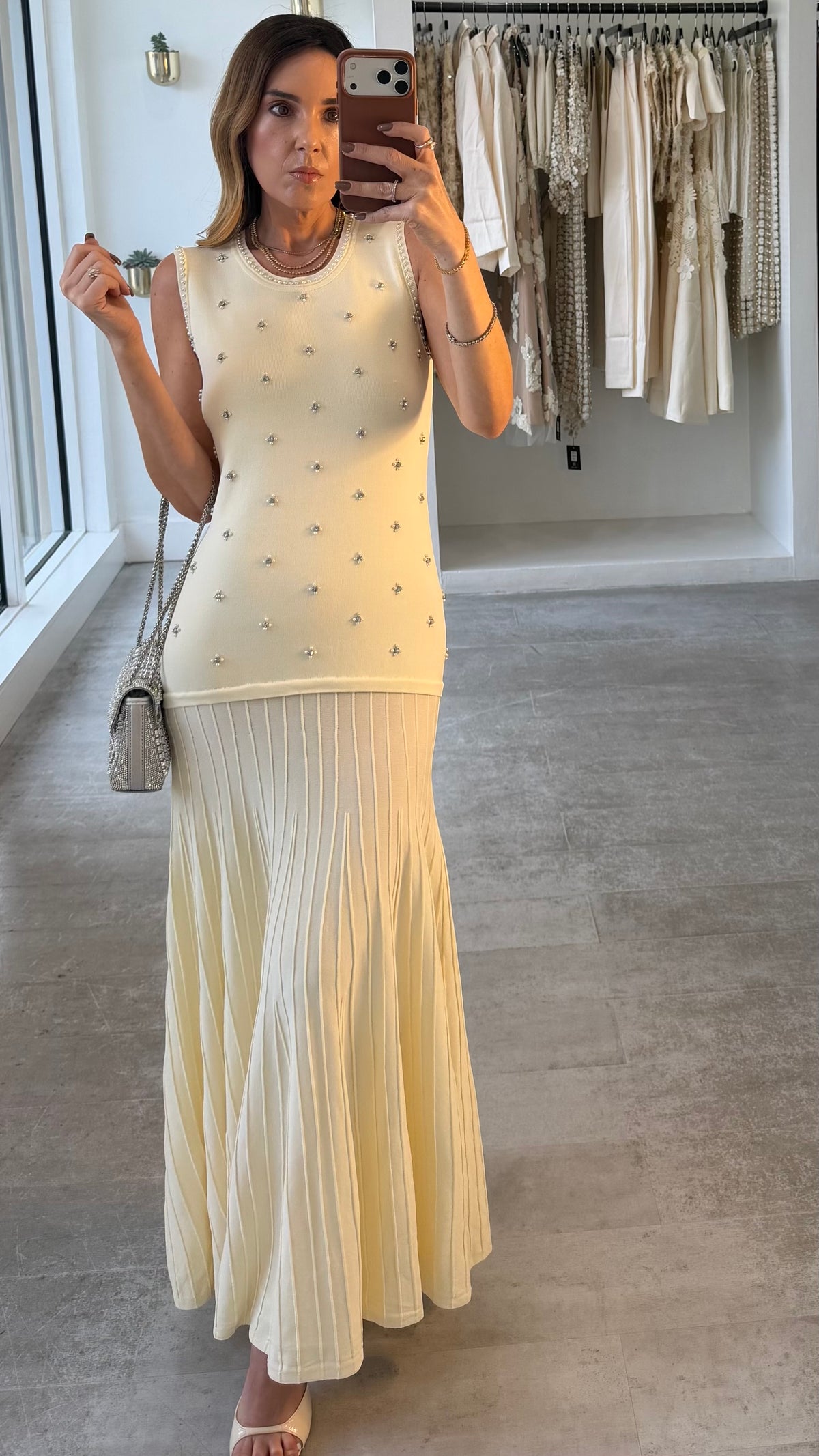 IVORY CRYSTAL PLEAT DRESS