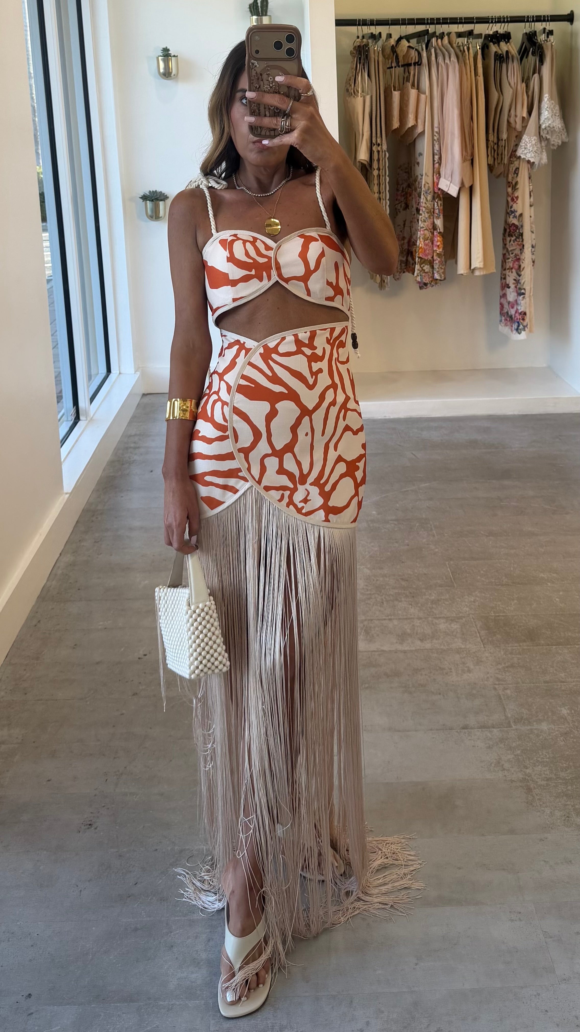 CORAL FRINGE CUTOUT DRESS