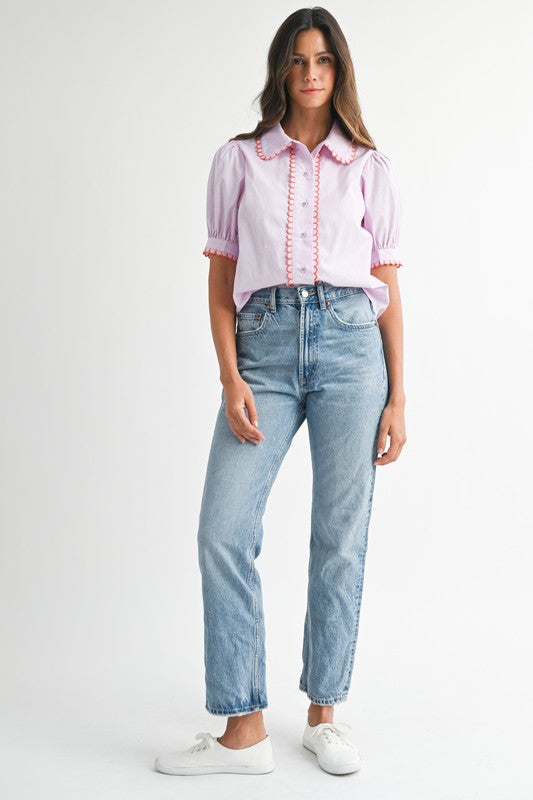 SCALLOP STRIPED COLLAR TOP