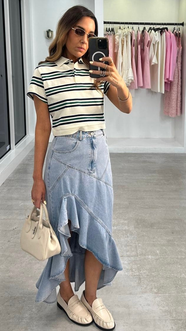 DENIM HIGHLO SKIRT