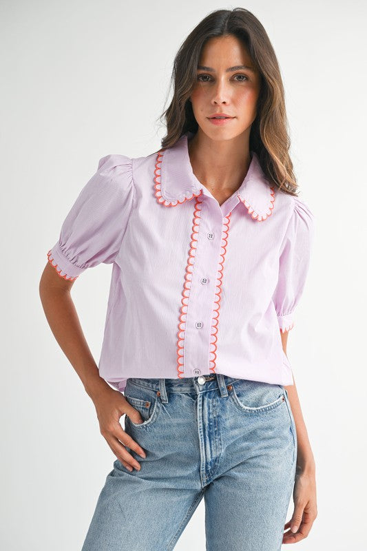 SCALLOP STRIPED COLLAR TOP