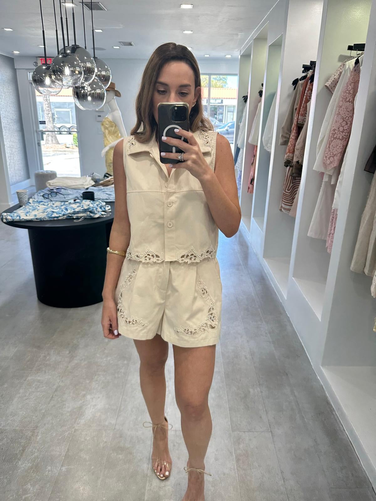 BEIGE PARL SHORT SET