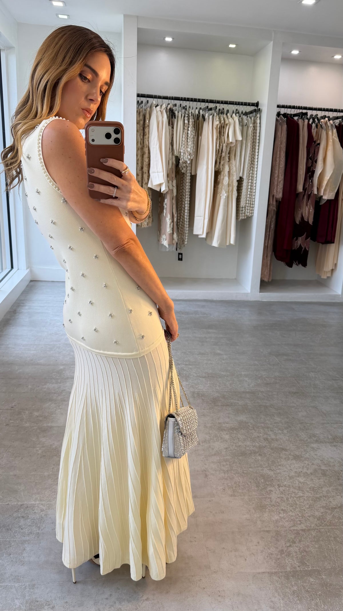 IVORY CRYSTAL PLEAT DRESS