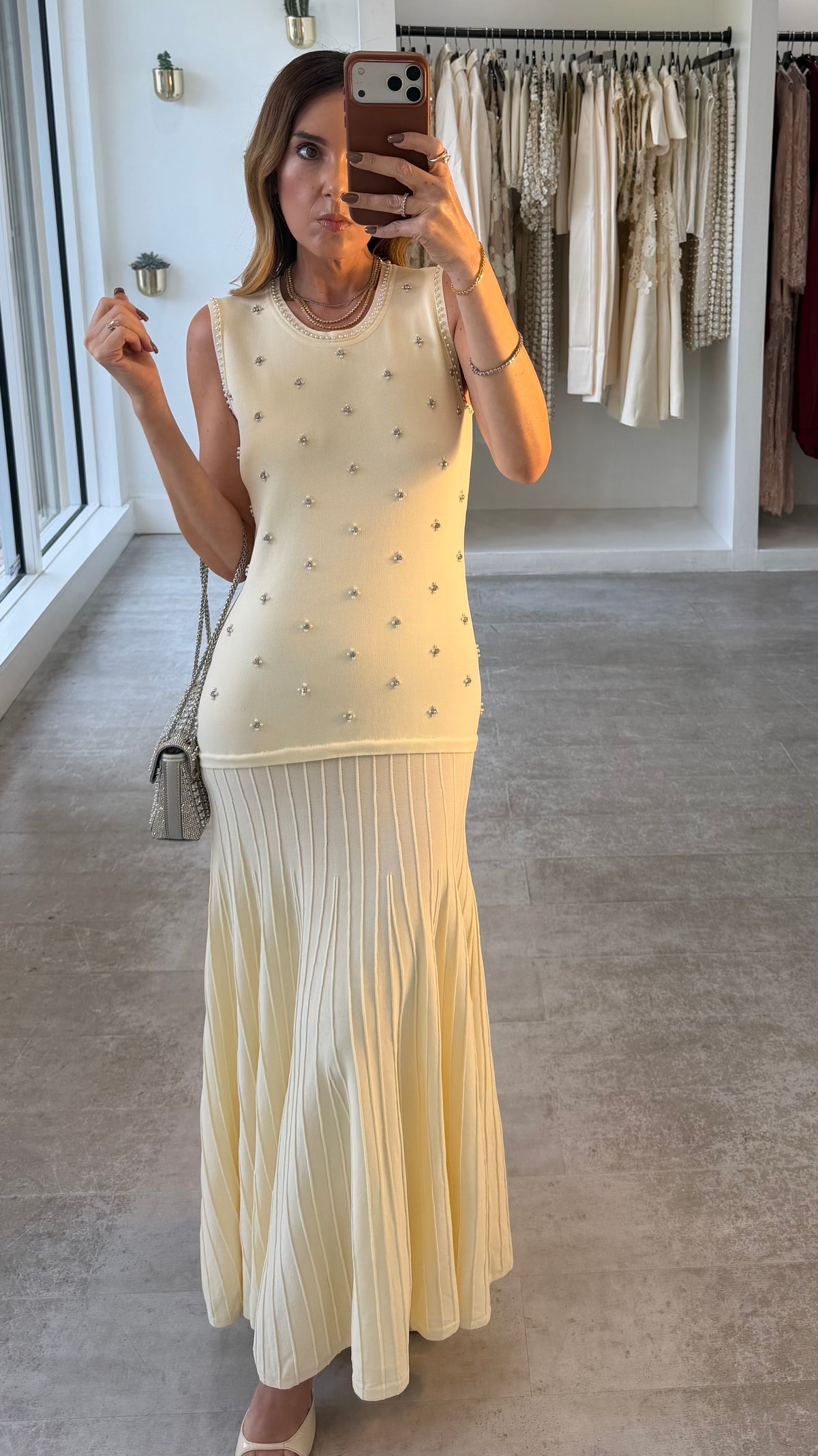 IVORY CRYSTAL PLEAT DRESS