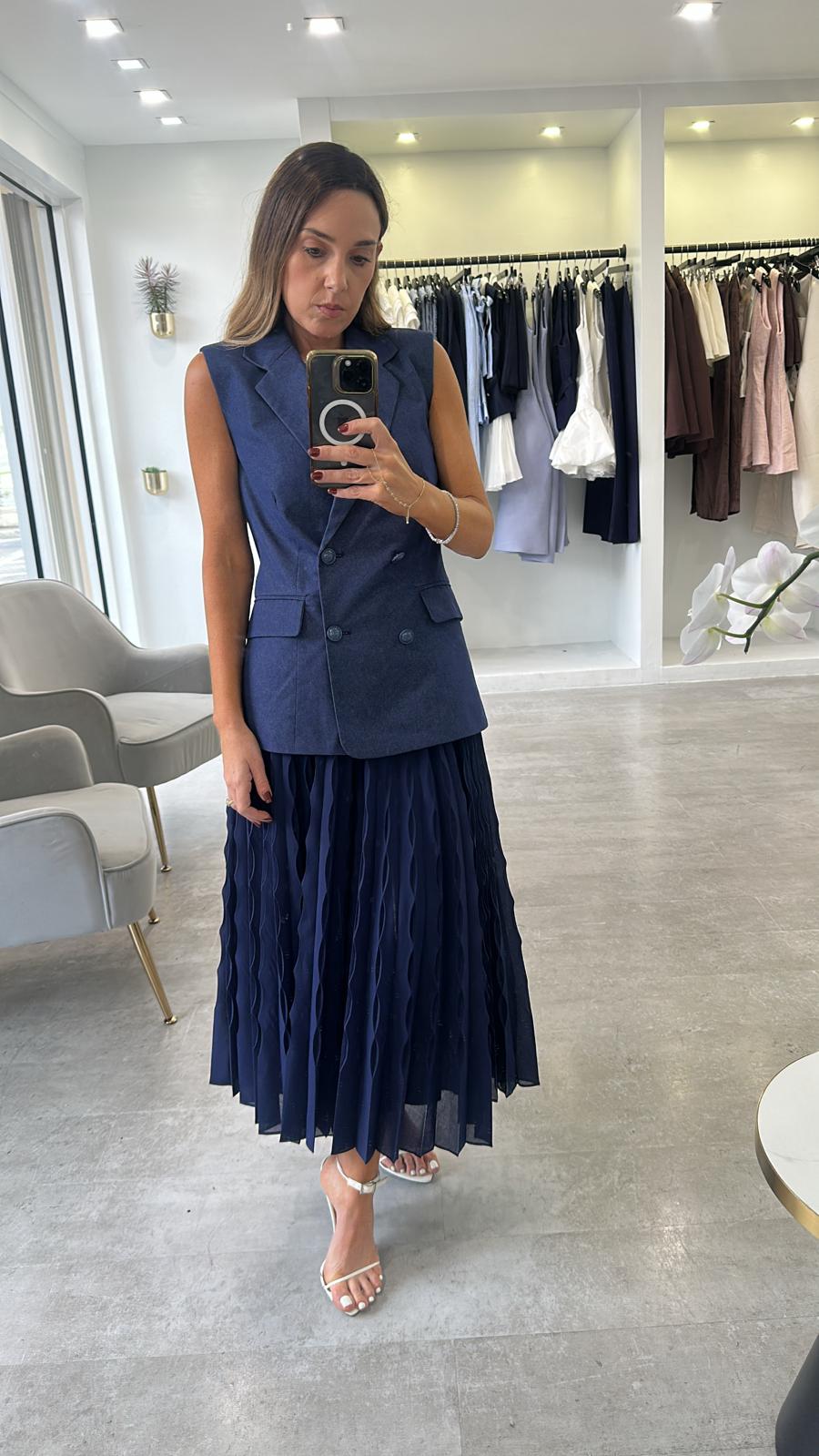 NAVY VEST PLEAT DRESS