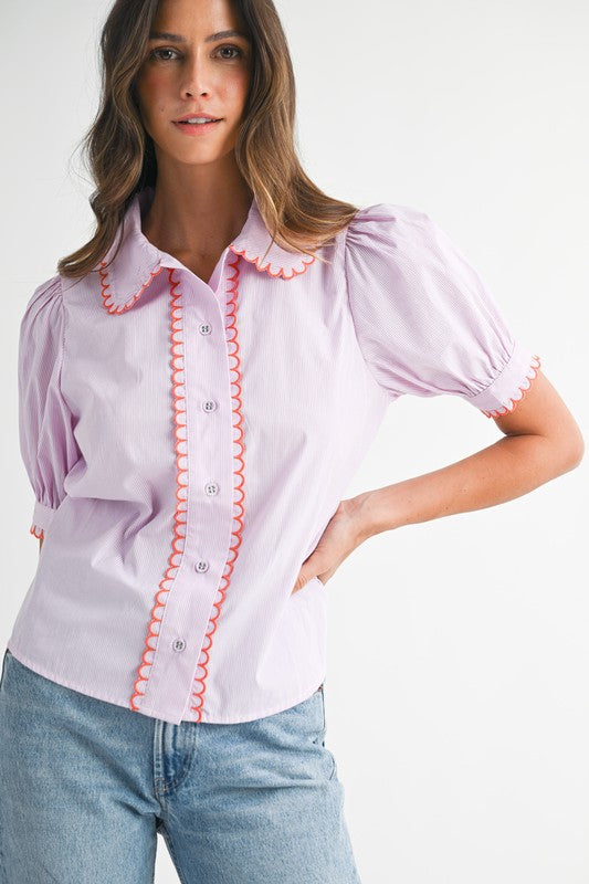 SCALLOP STRIPED COLLAR TOP