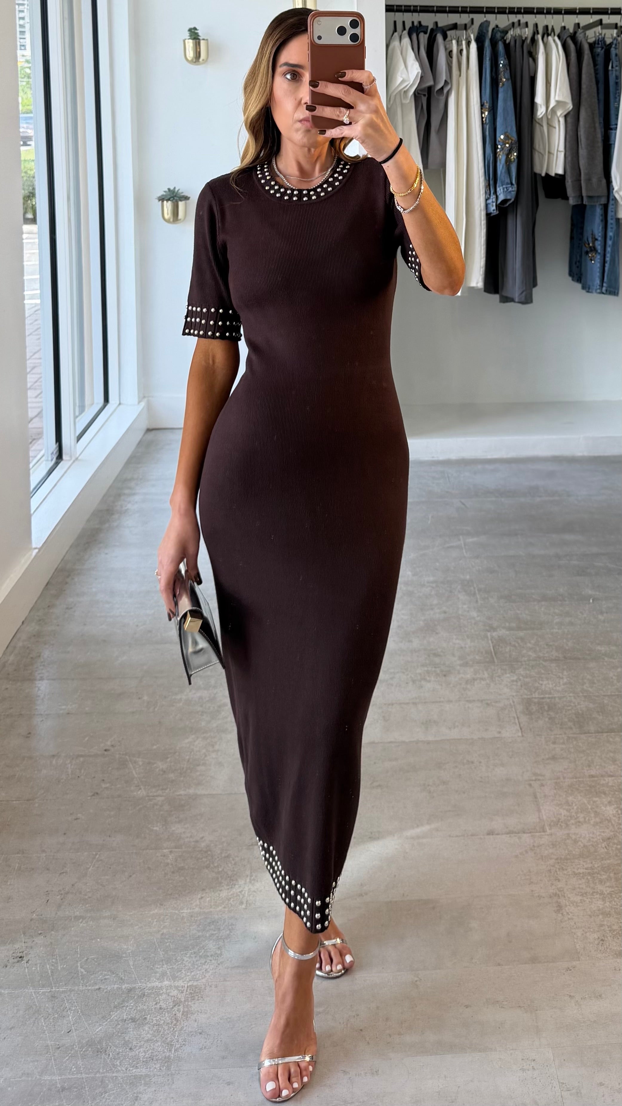 BROWN STUDDED MIDI