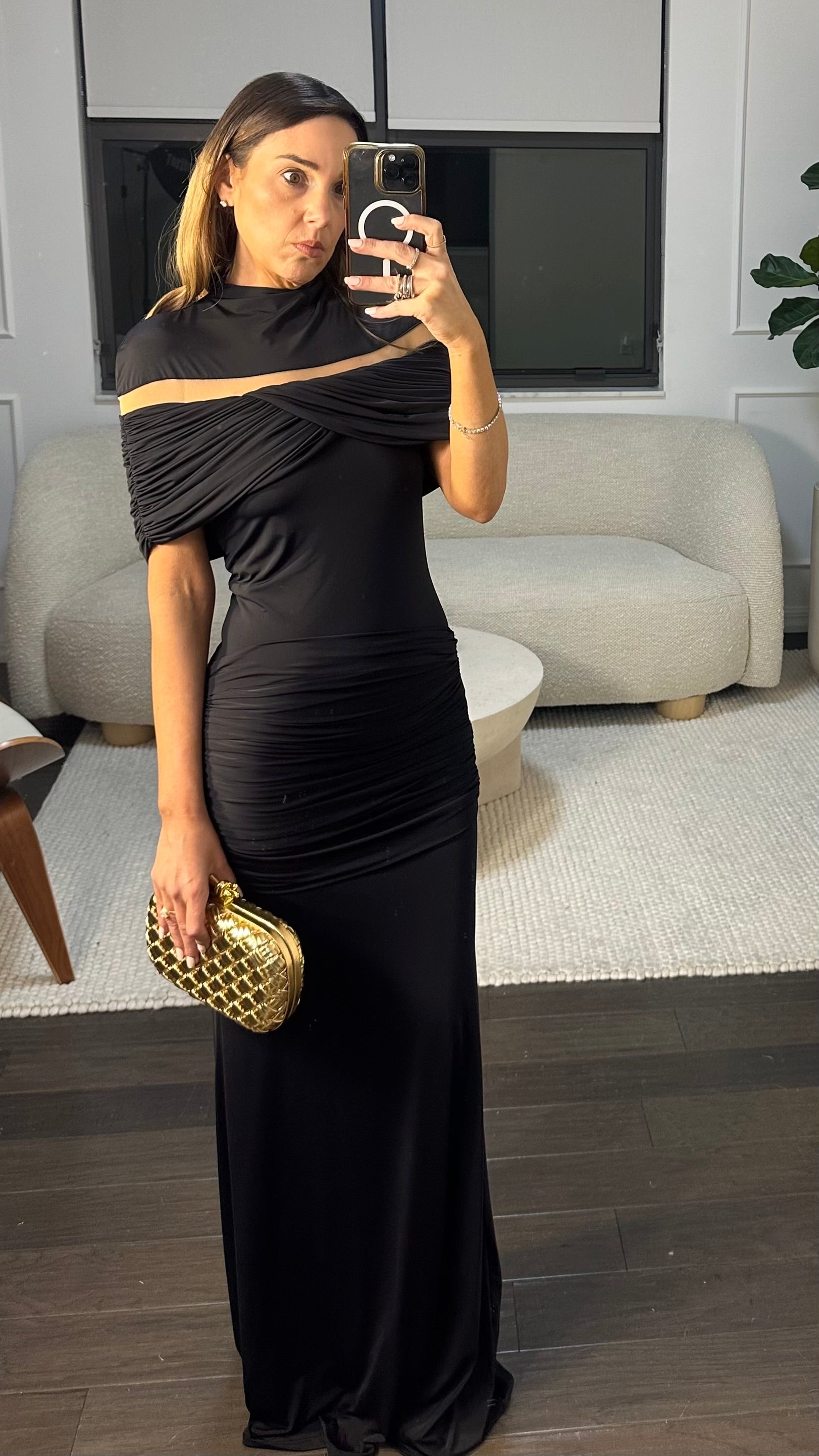 BLACK CAPE SHOULDER DRESS