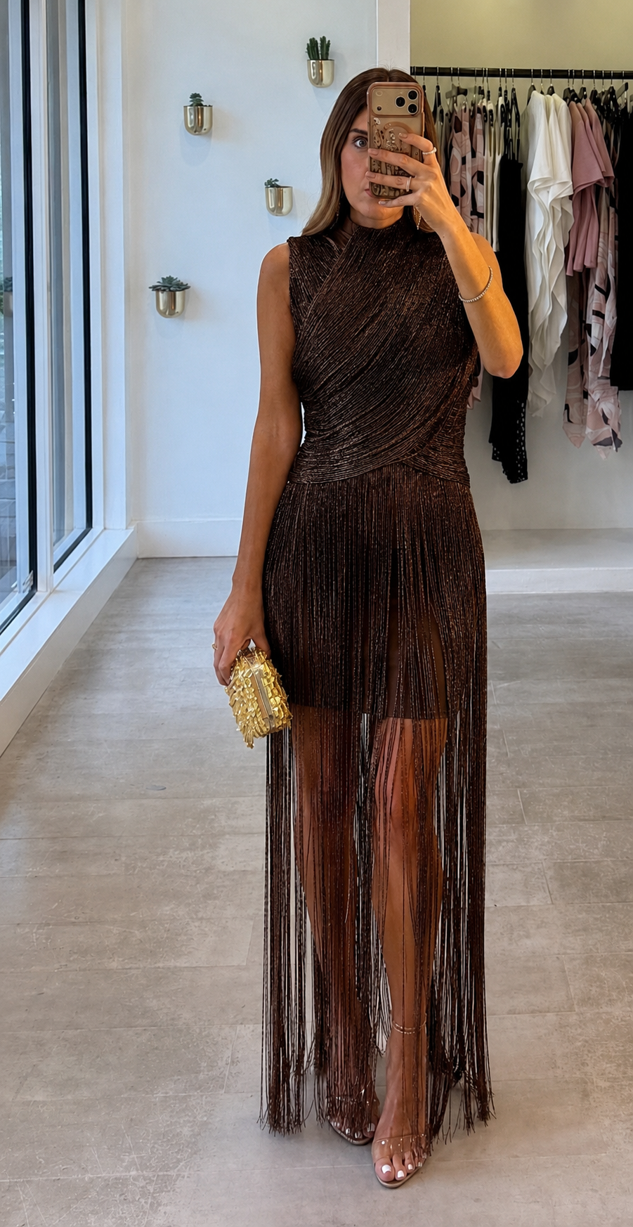BROWN BANDAGE FRINGE DRESS