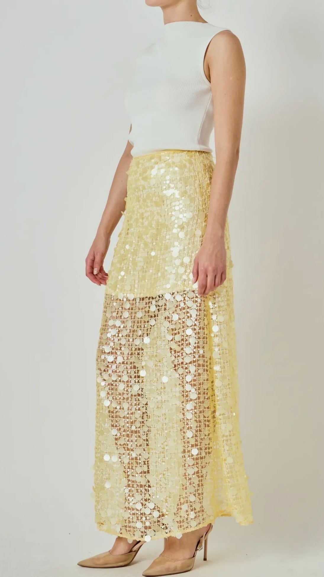 YELLOW SEQUIN MAXI SKIRT