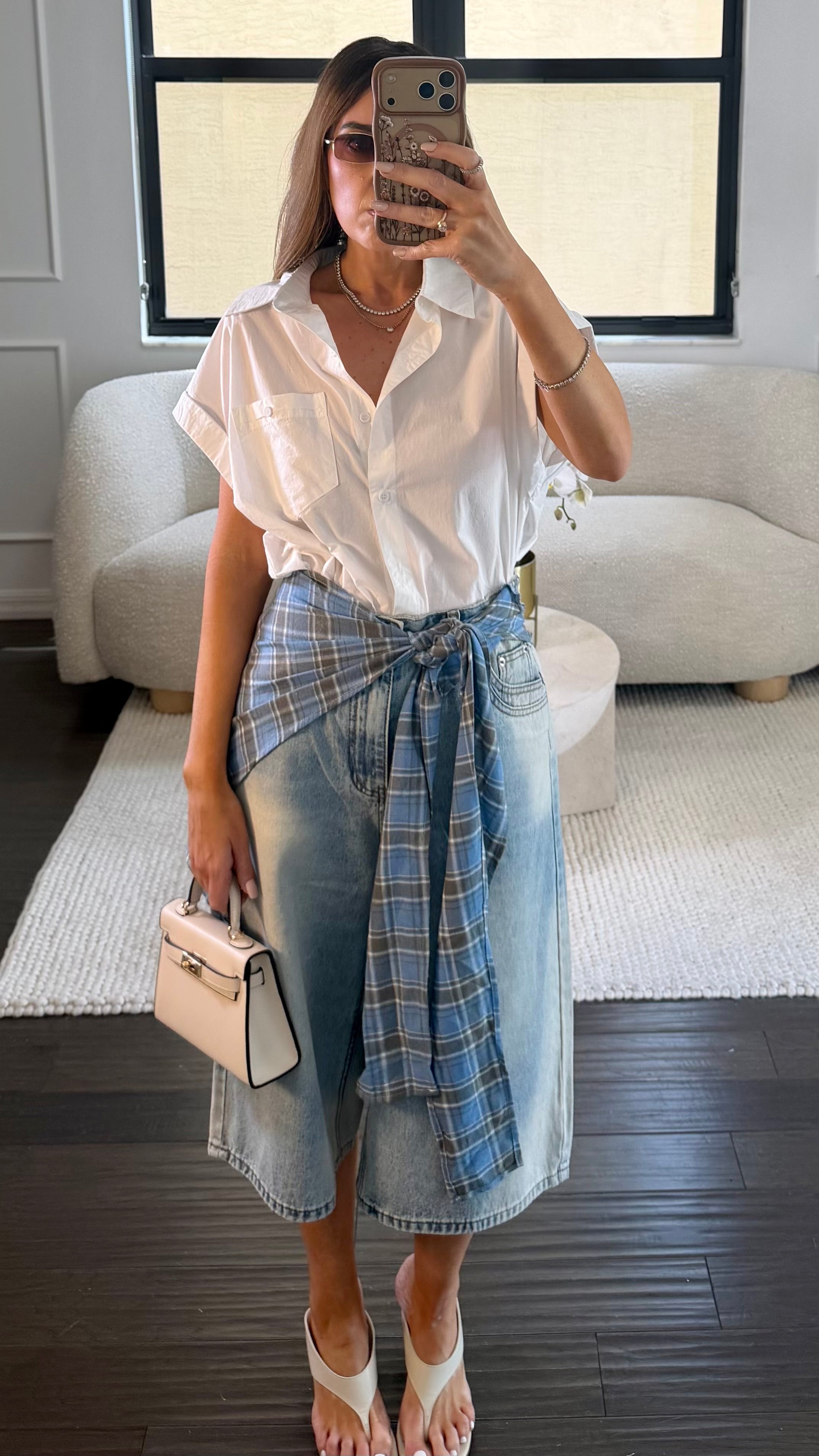 PLAID DENIM BERMUDAS