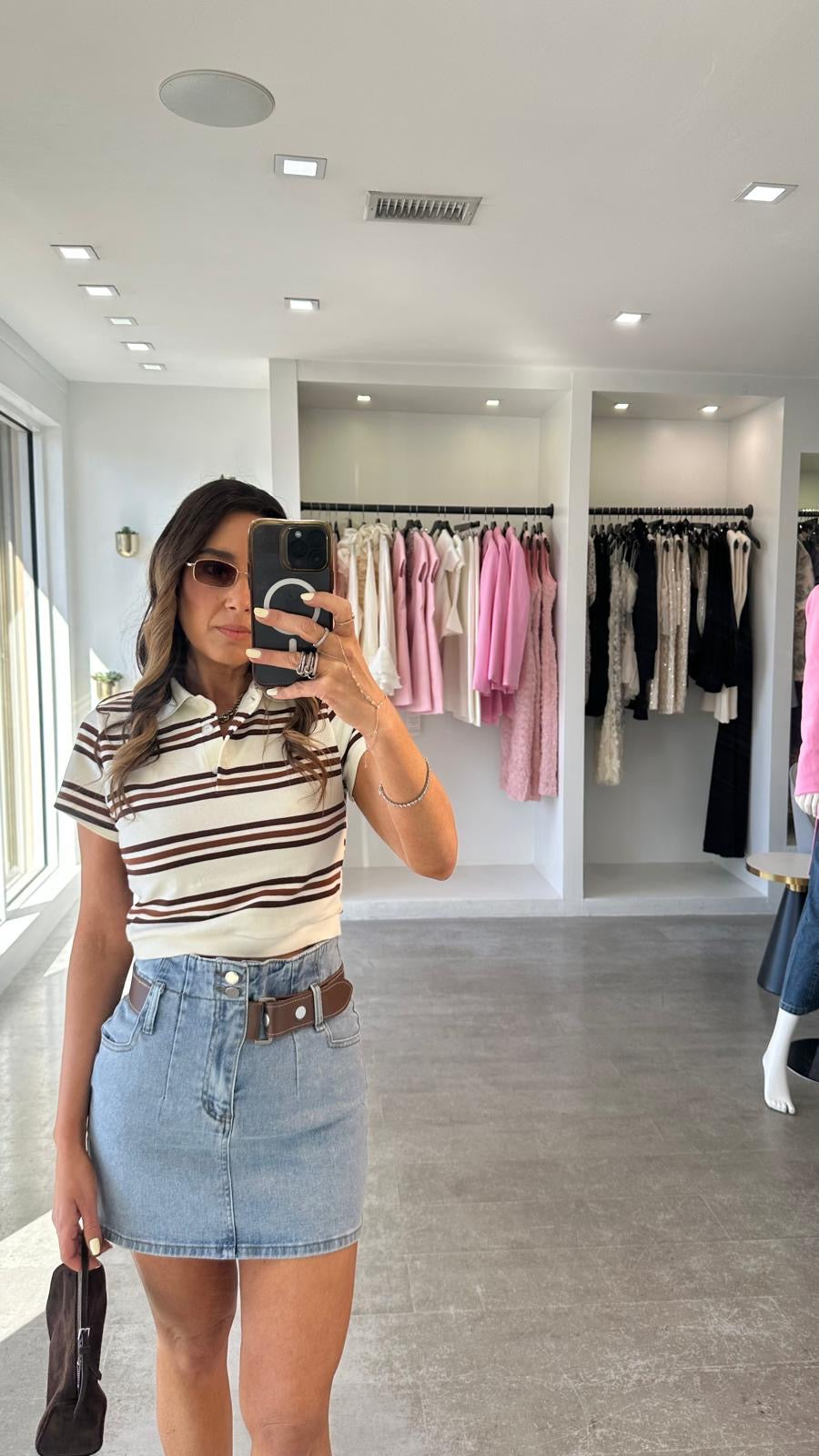 BROWN STRIPE POLO TOP