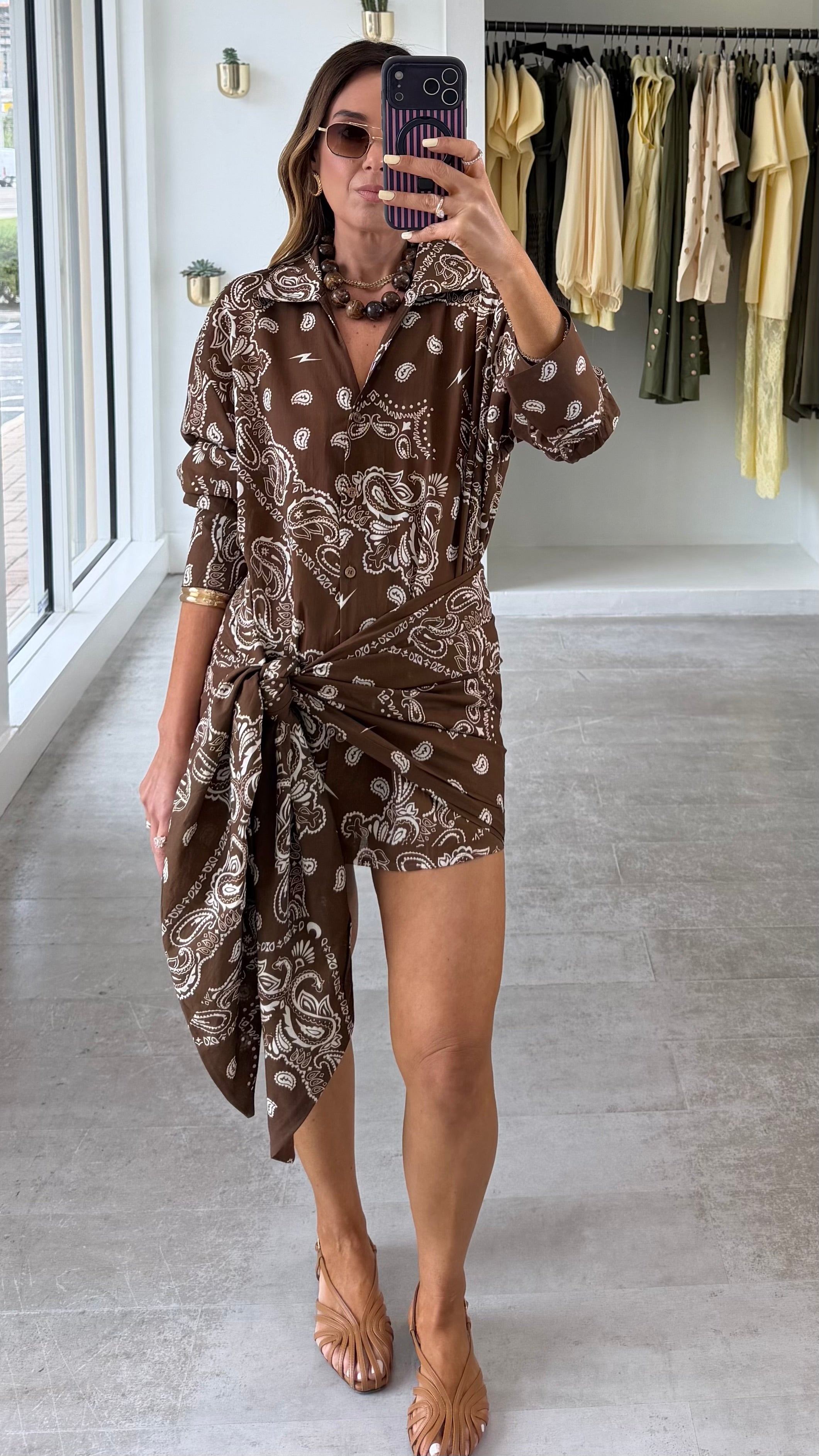 BROWN TIED SHIRT DRESS