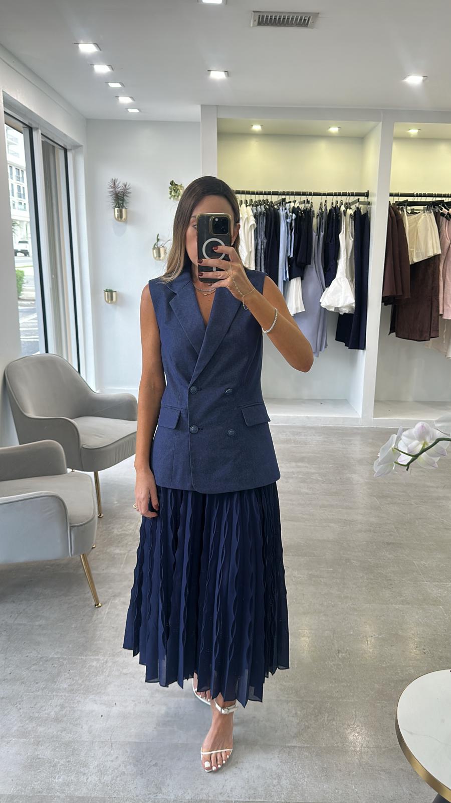 NAVY VEST PLEAT DRESS