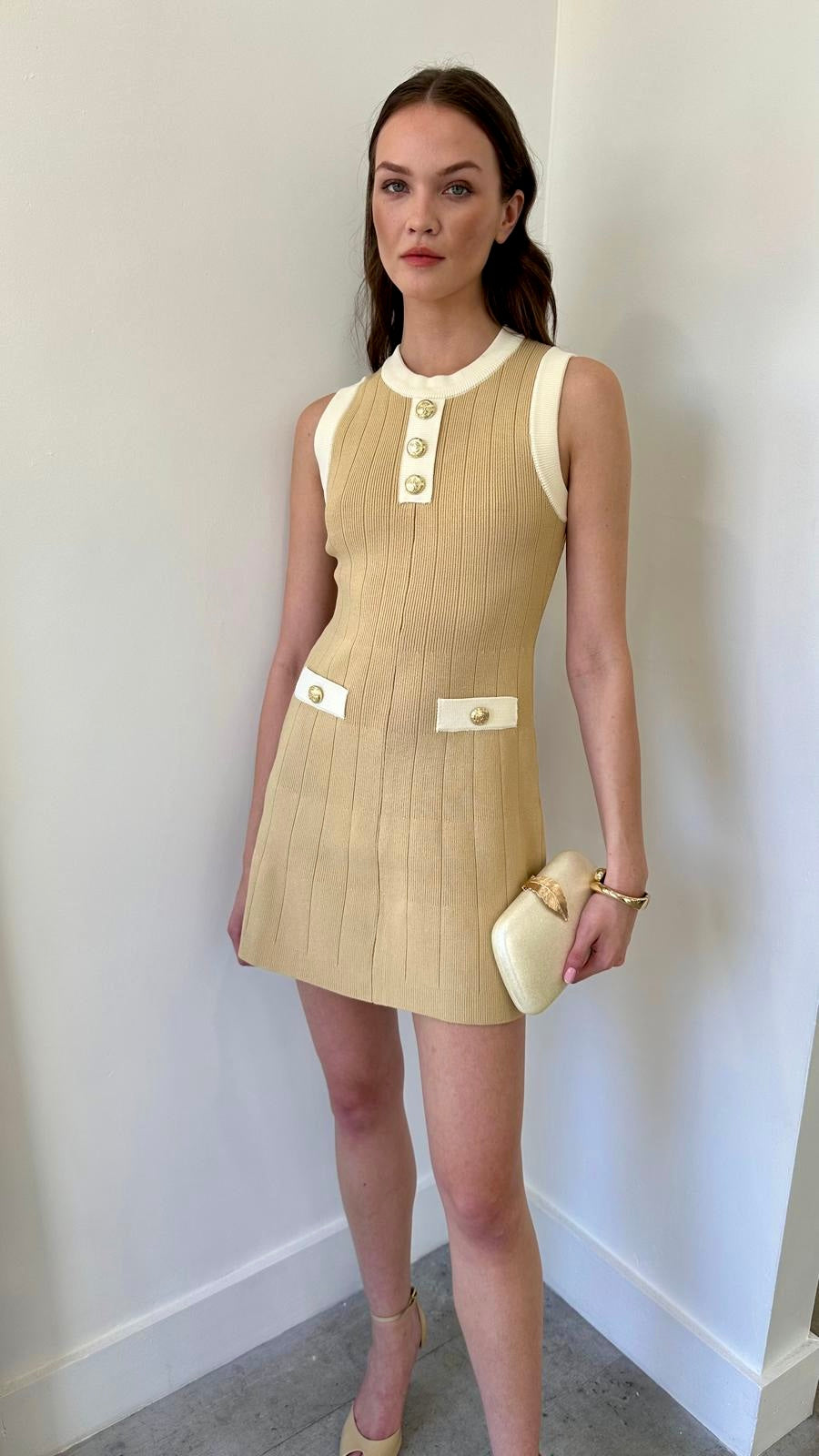 BEIGE CONTRAST KNIT DRESS