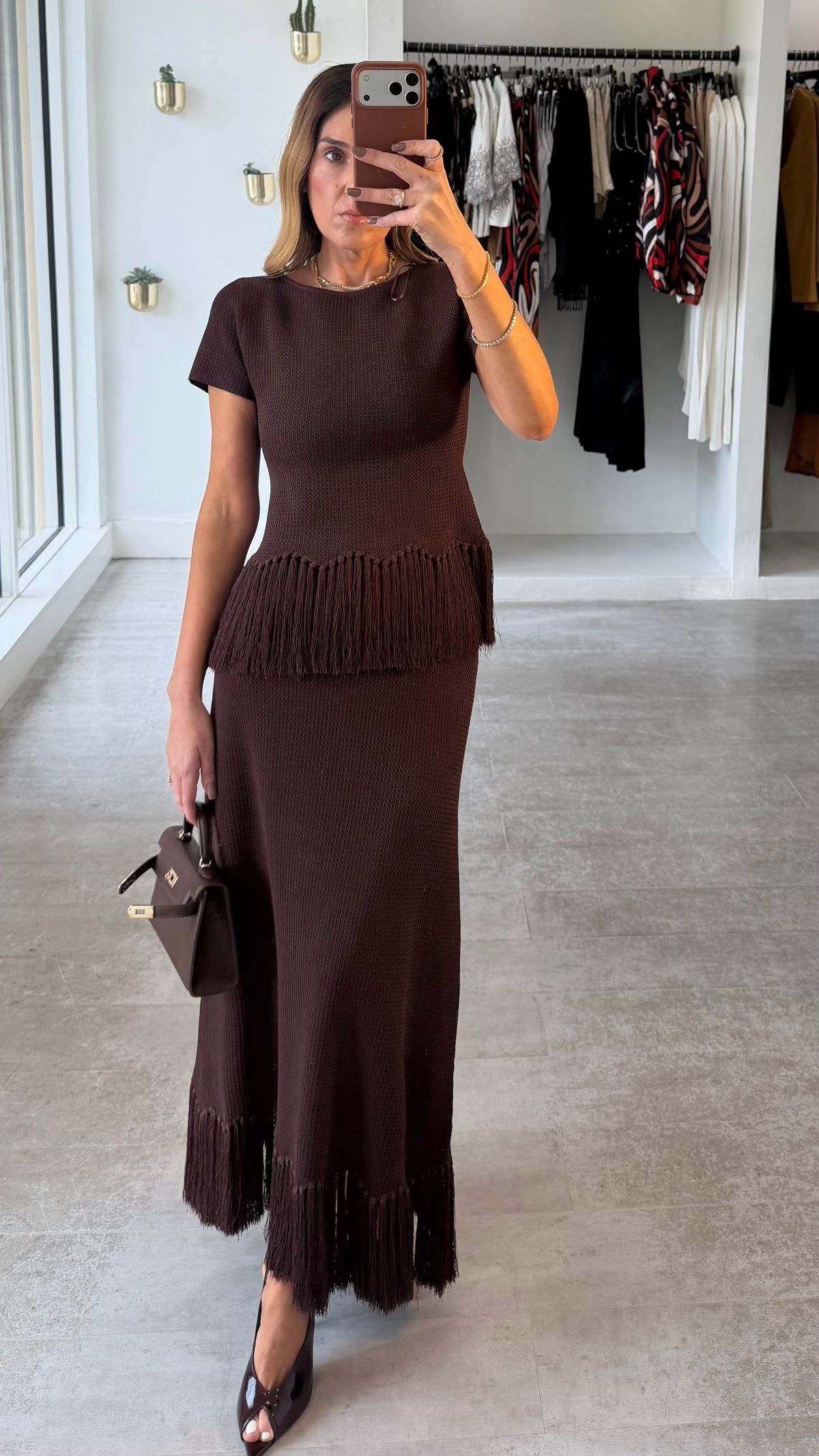 BROWN FRINGE KNIT SET