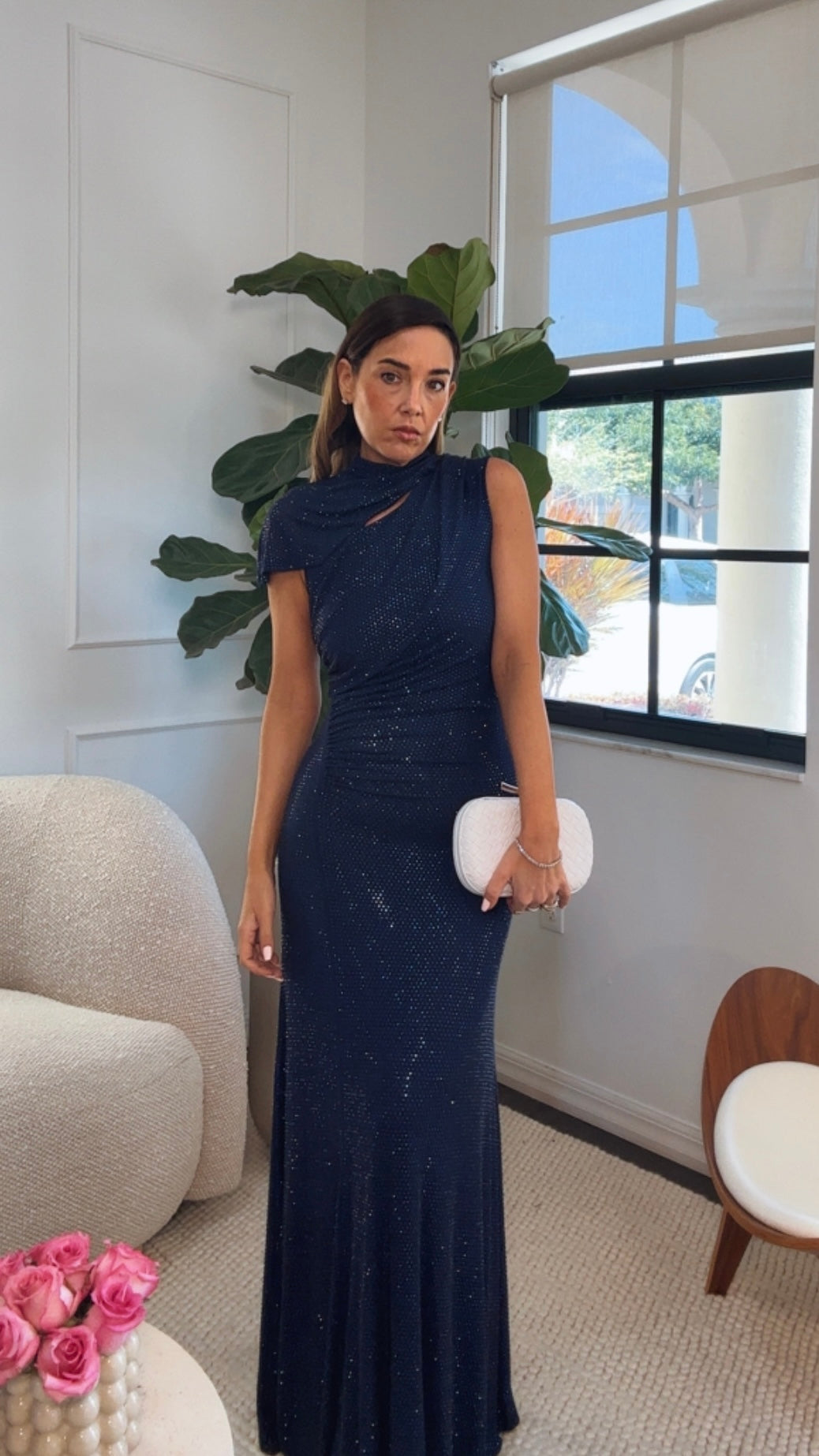 NAVY SHINE CAPE DRESS