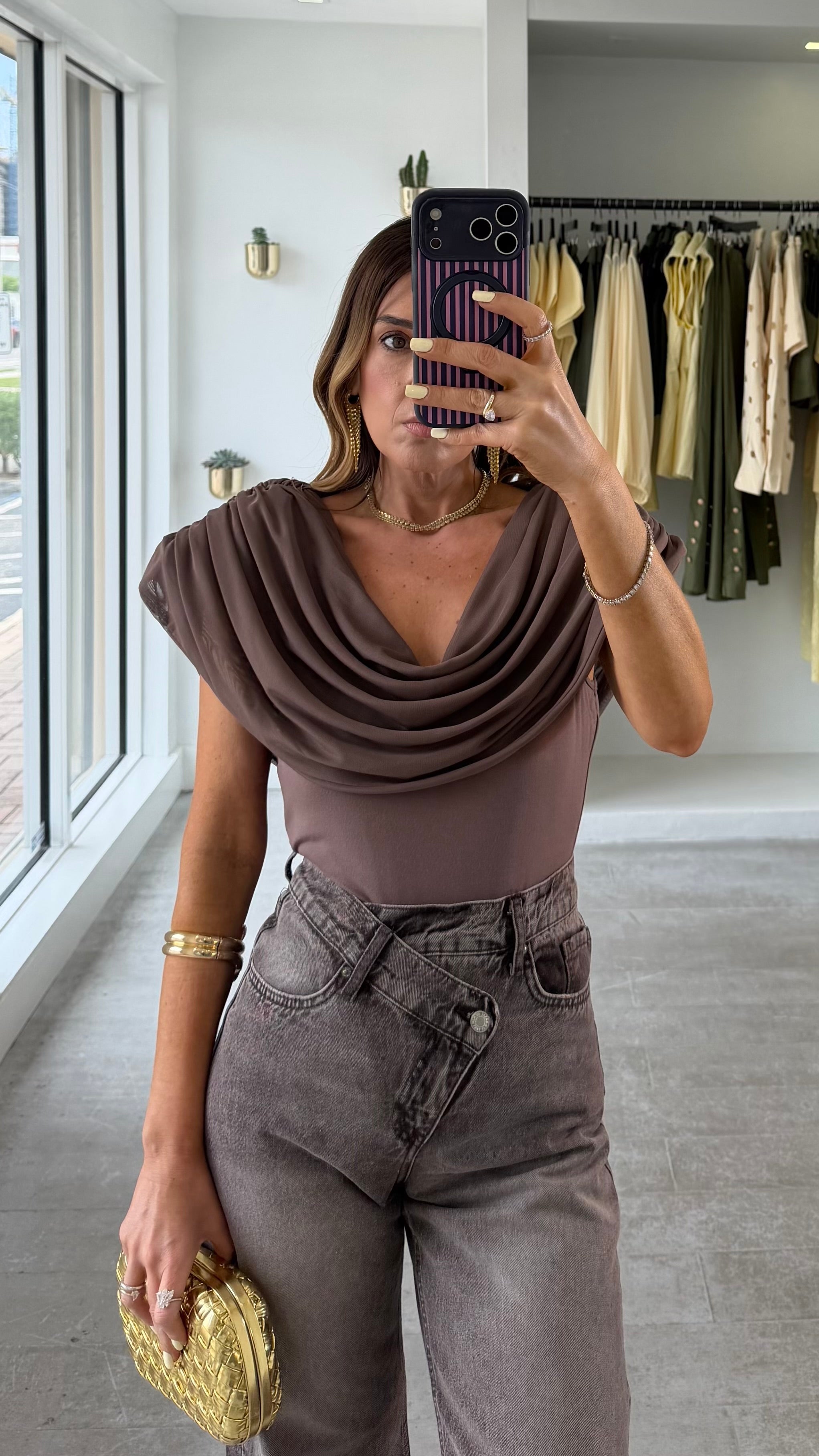 BROWN DRAPE TOP