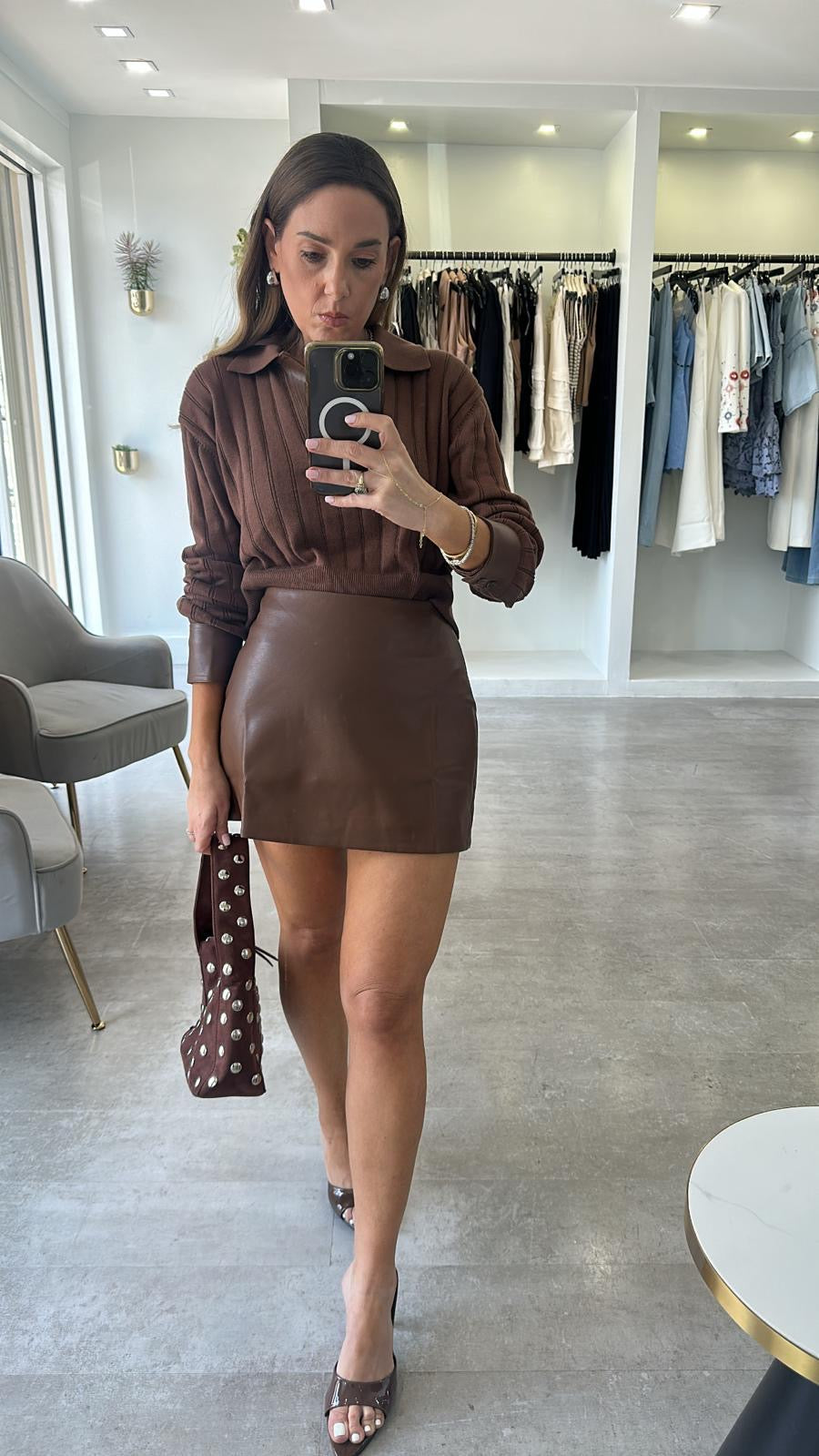 BROWN KNIT & LEATHER SET