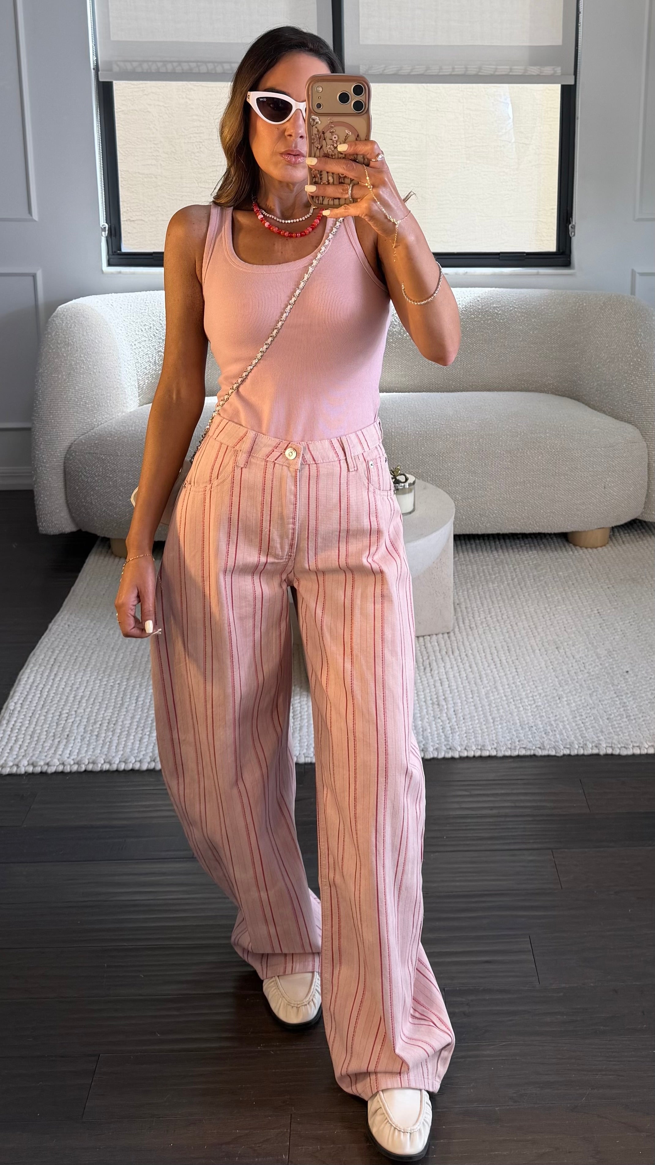 PINK-STRIPE BARREL DENIM