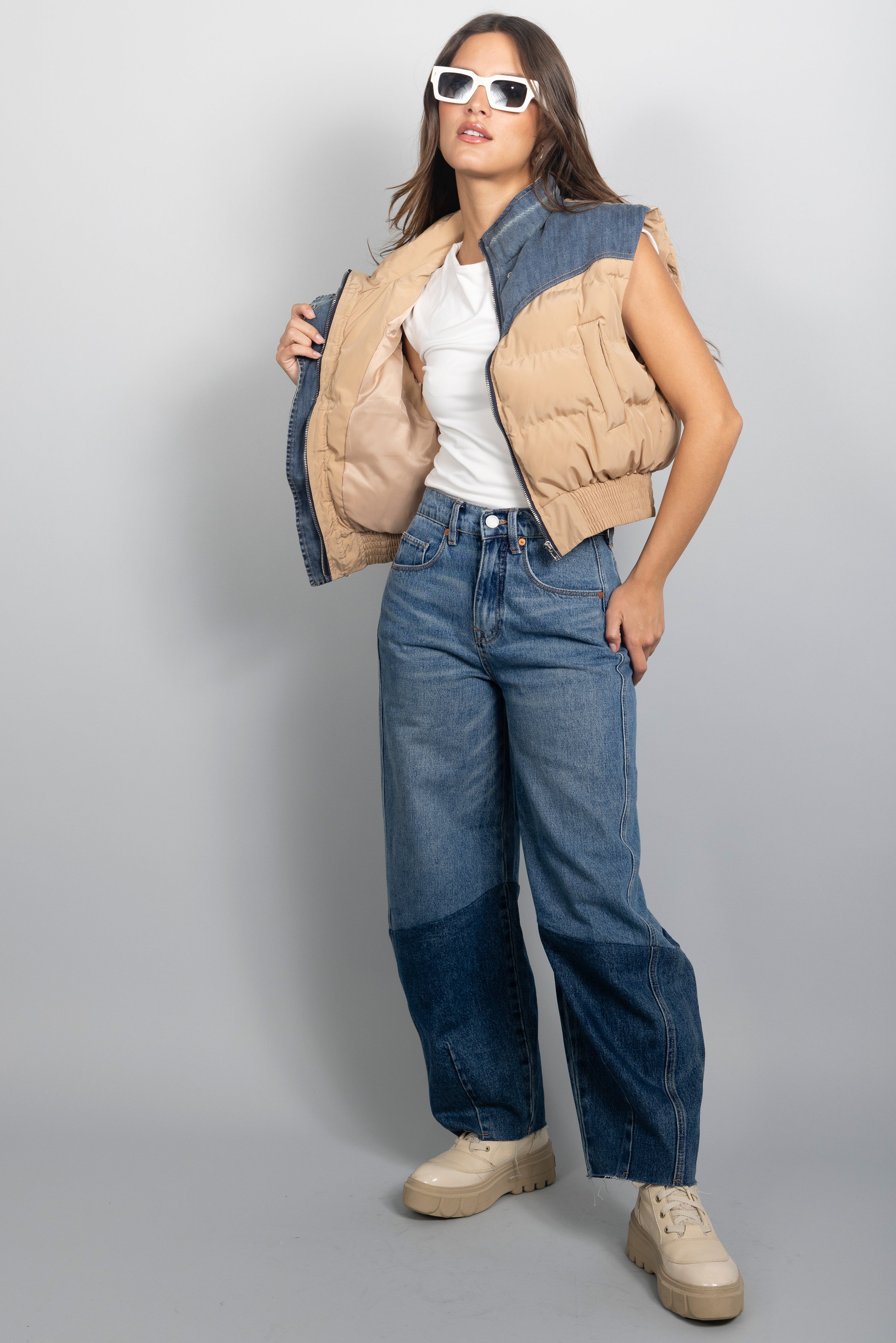 BEIGE DENIM PUFFER VEST