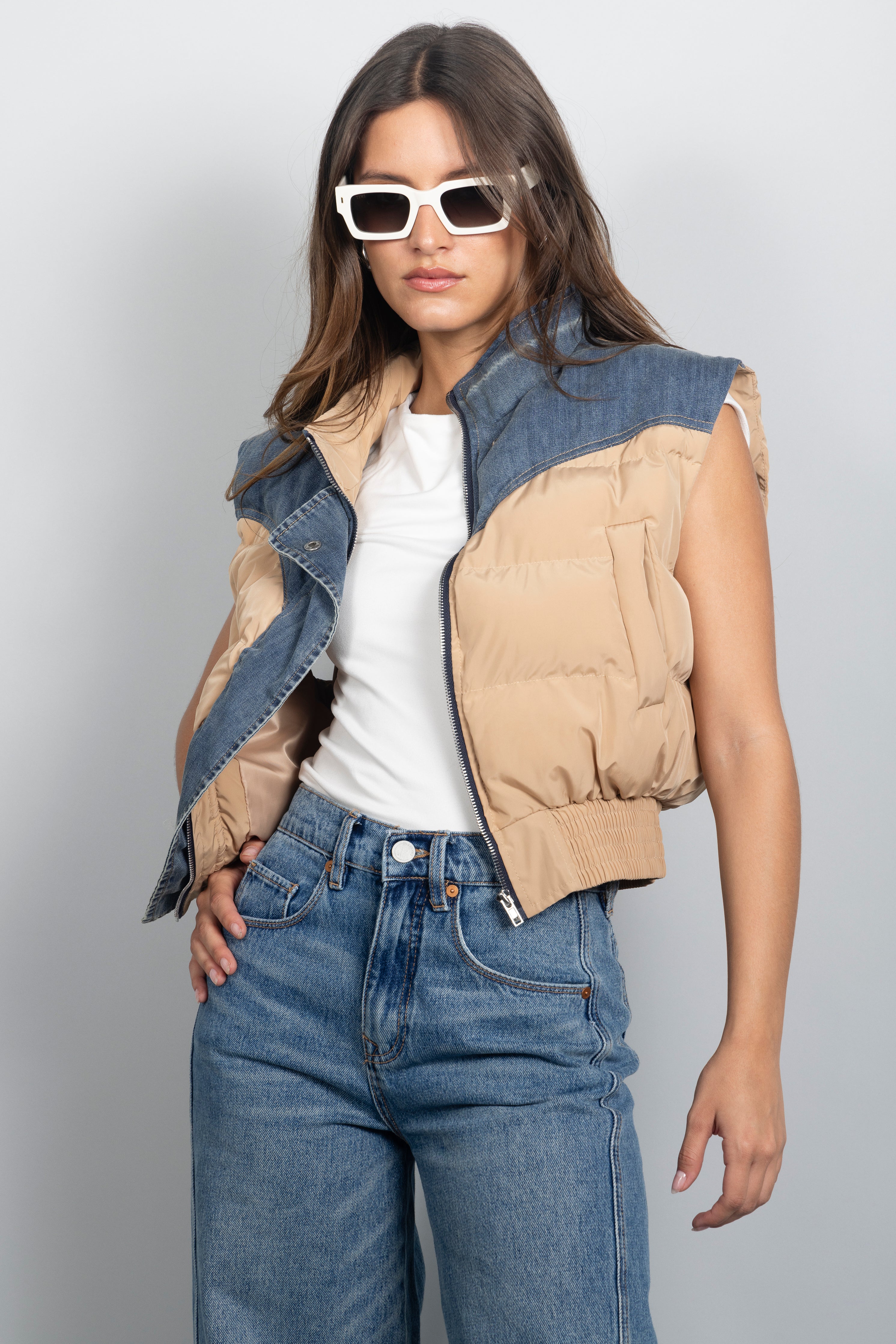 BEIGE DENIM PUFFER VEST