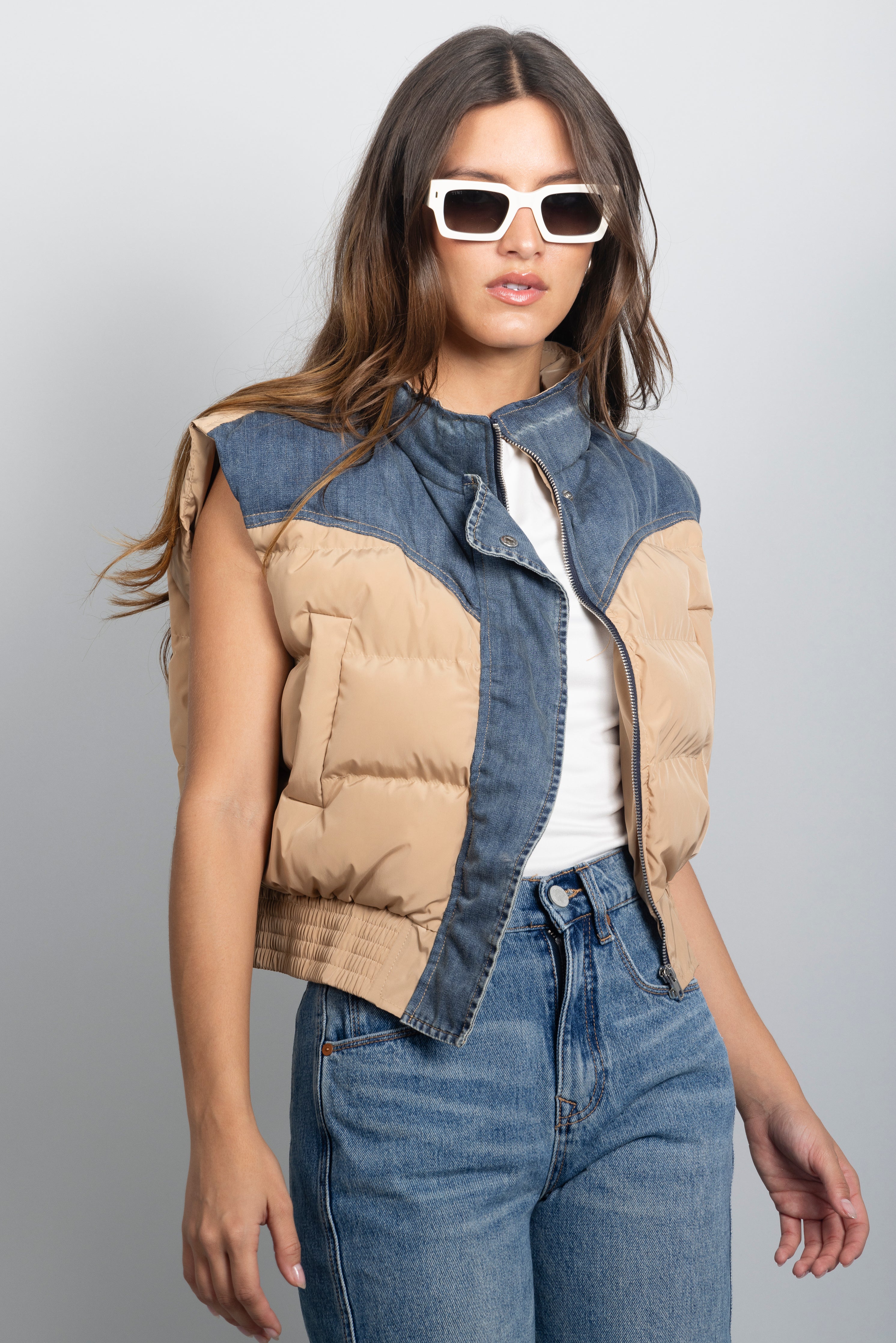 BEIGE DENIM PUFFER VEST