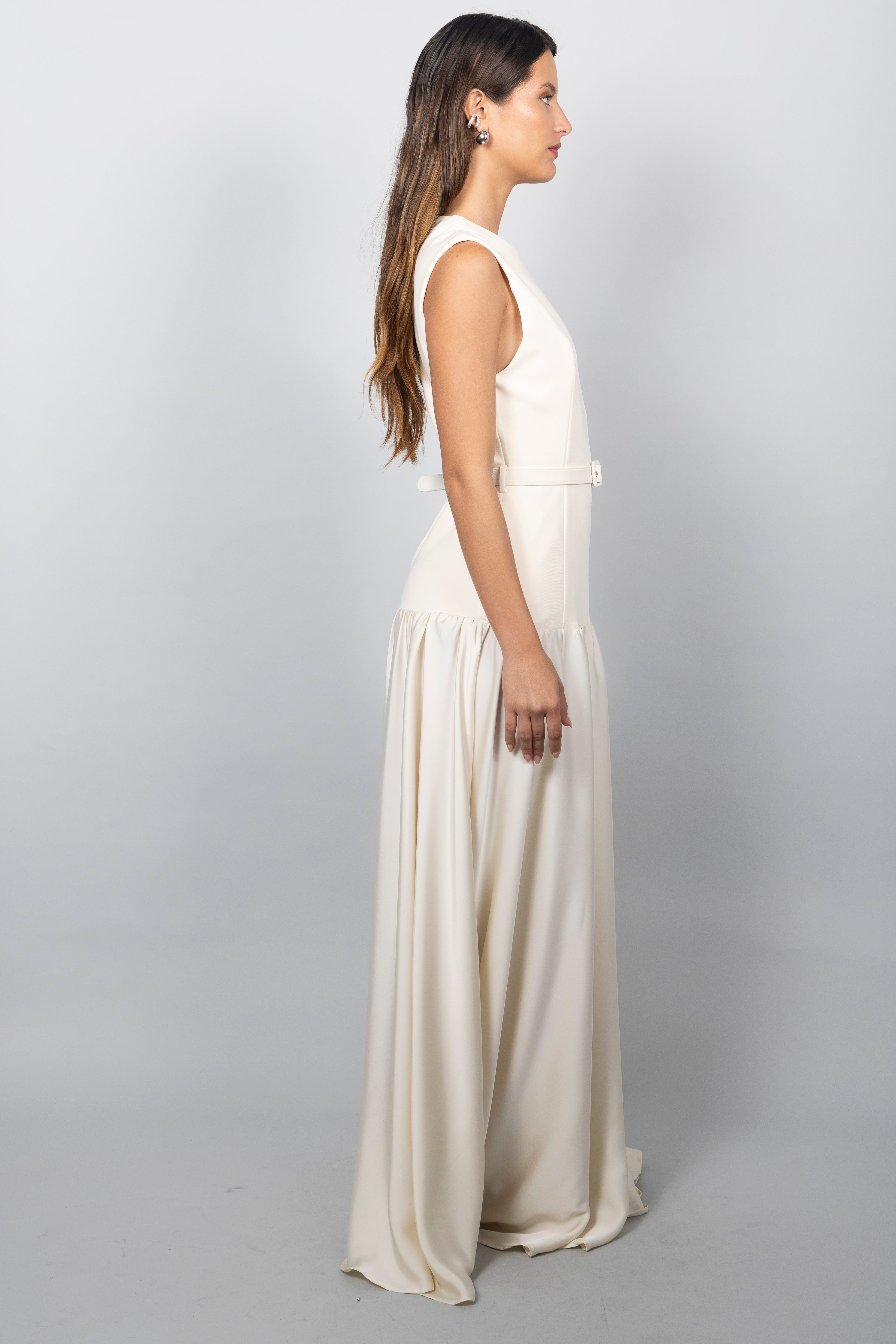 CREAM BELTED MAXI DRESS