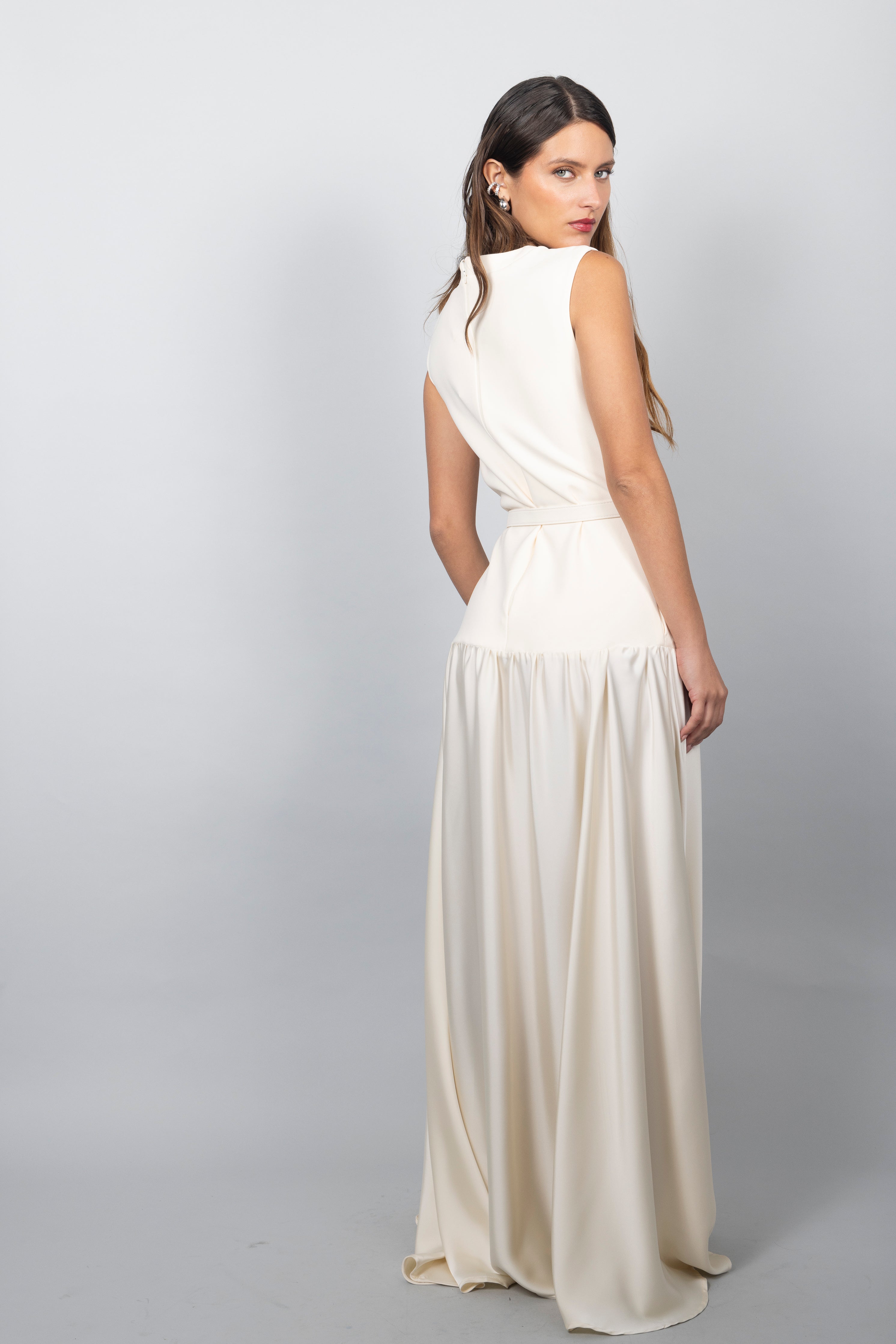 CREAM BELTED MAXI DRESS