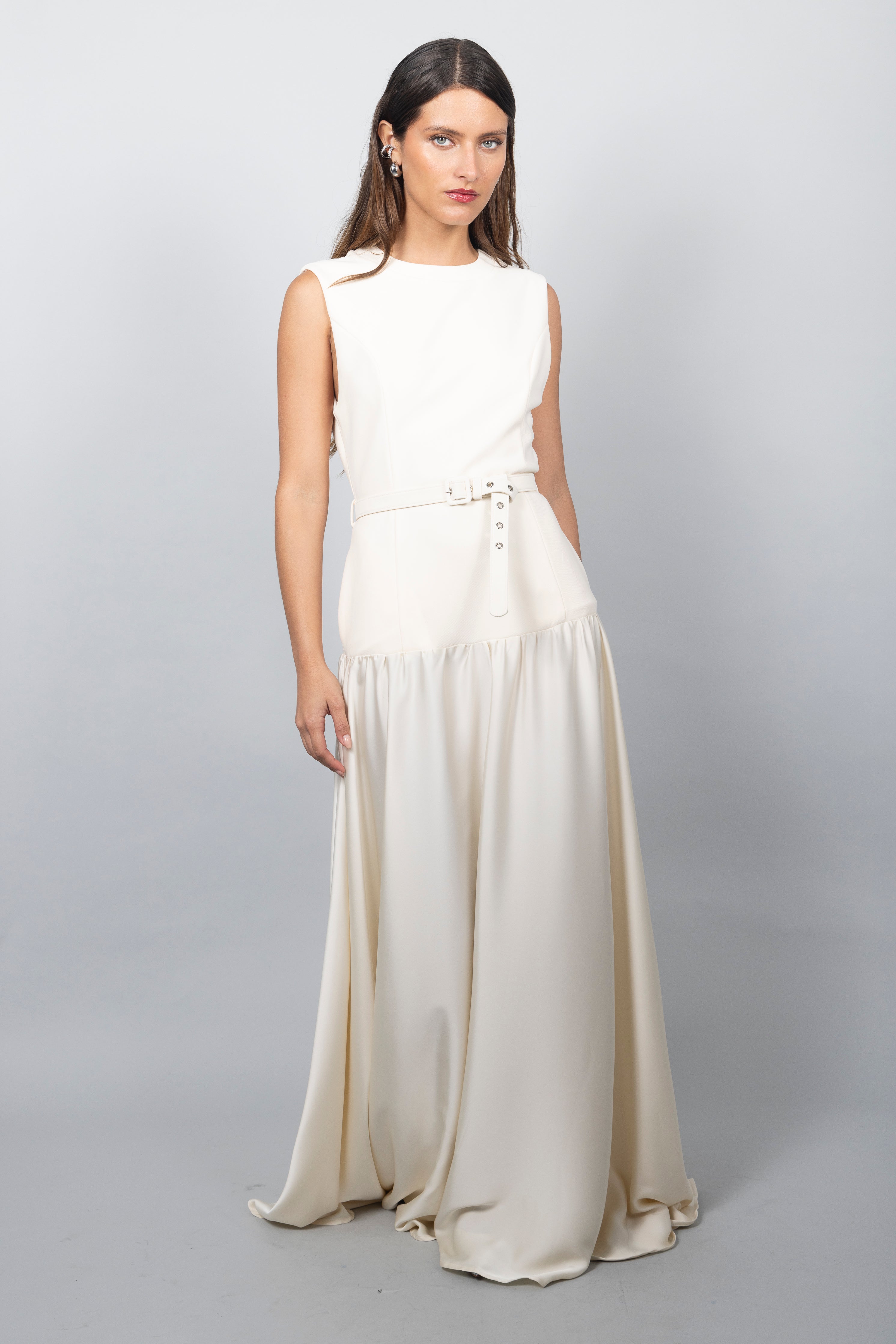 CREAM BELTED MAXI DRESS