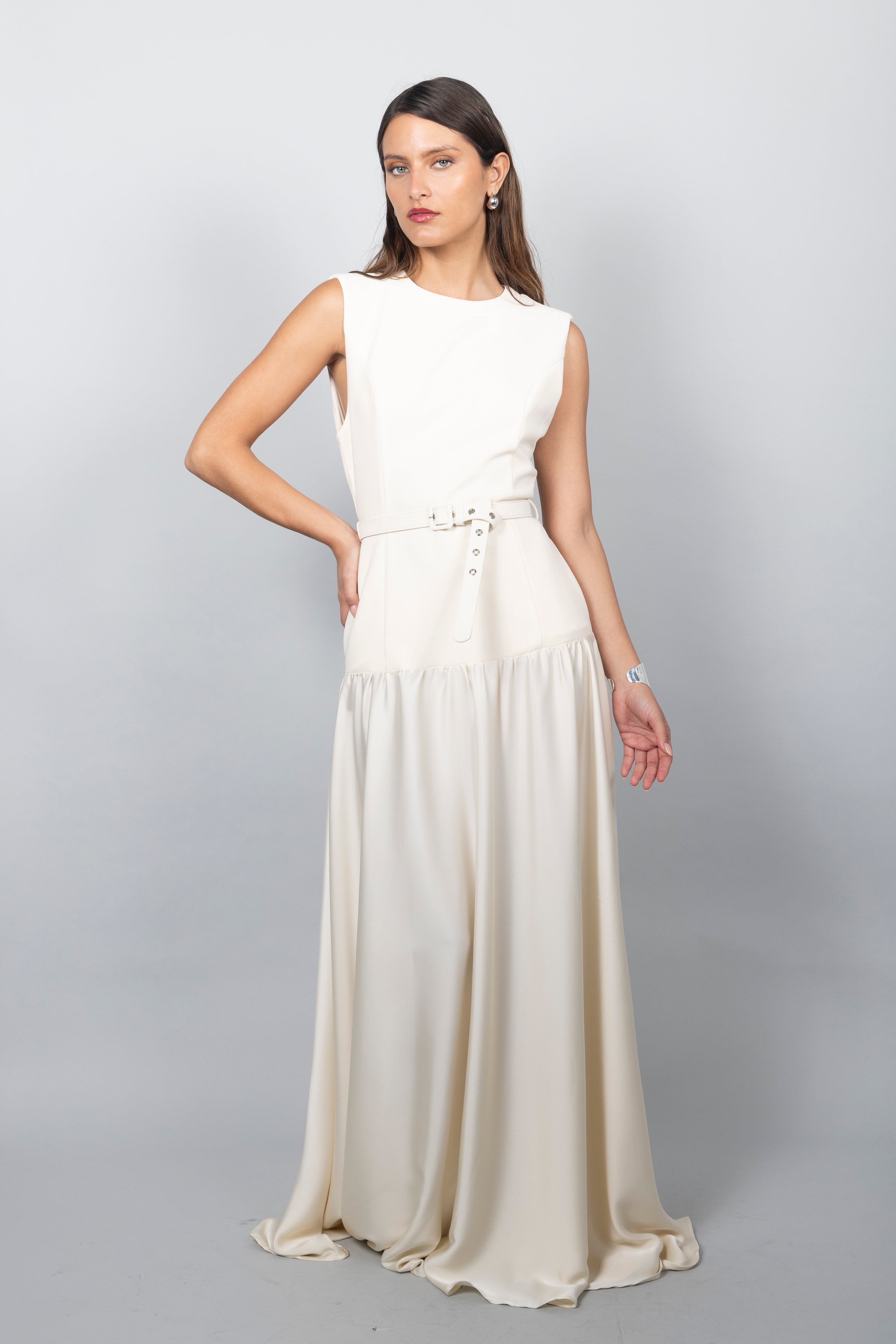 CREAM BELTED MAXI DRESS