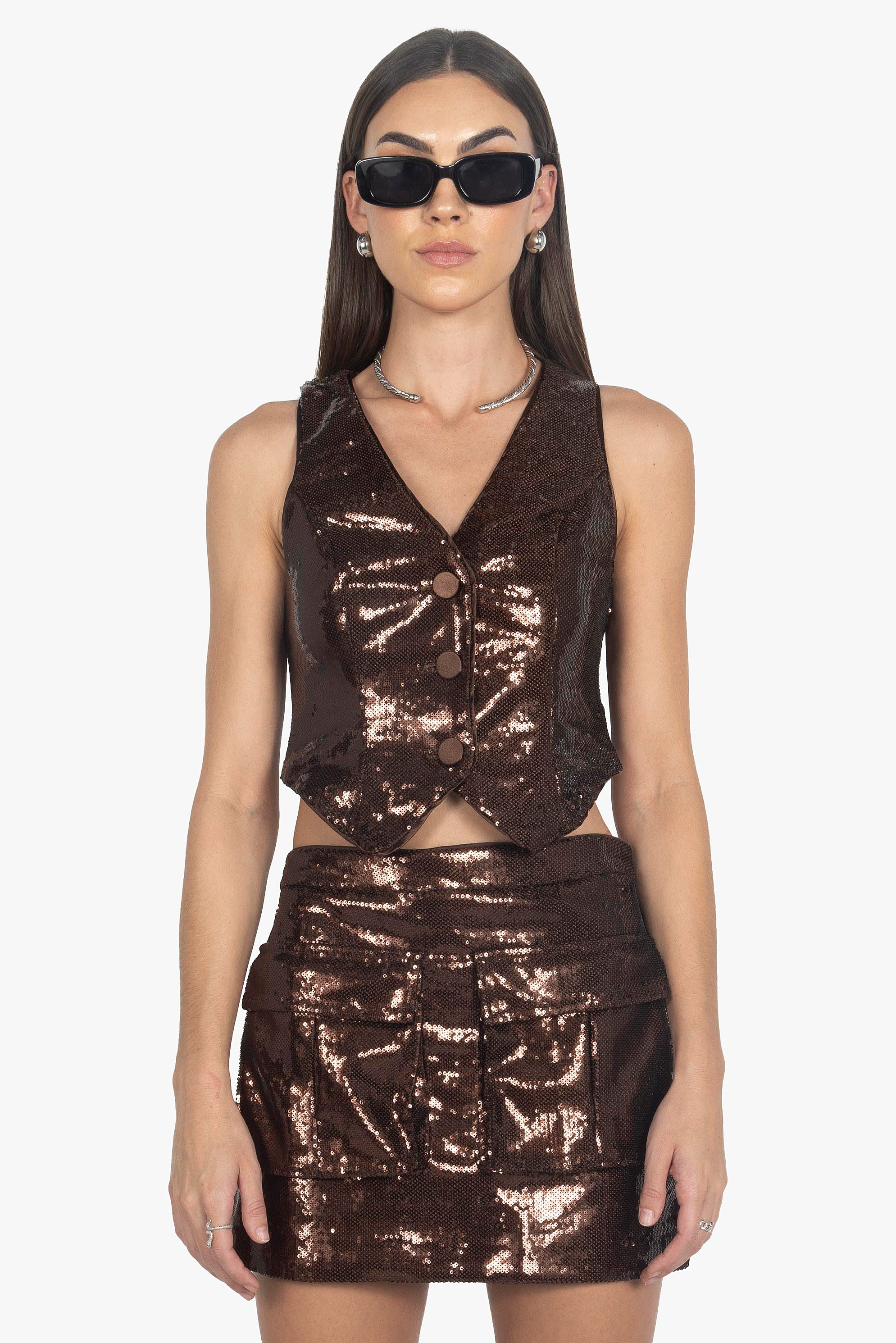 BROWN SEQUINS VEST - S T Y L E B Y G G 