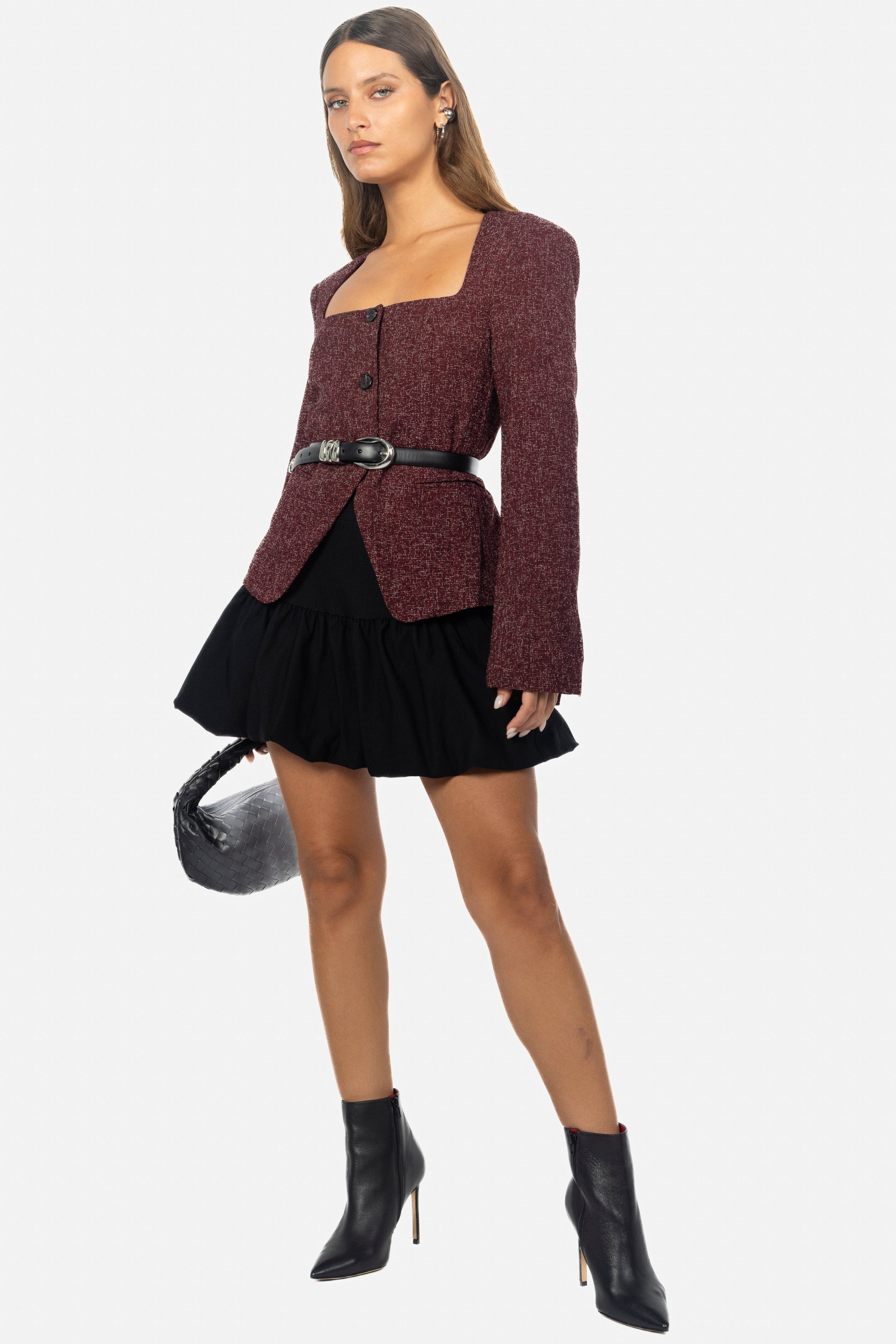 BURGUNDY STRUCTURED TWEED TOP