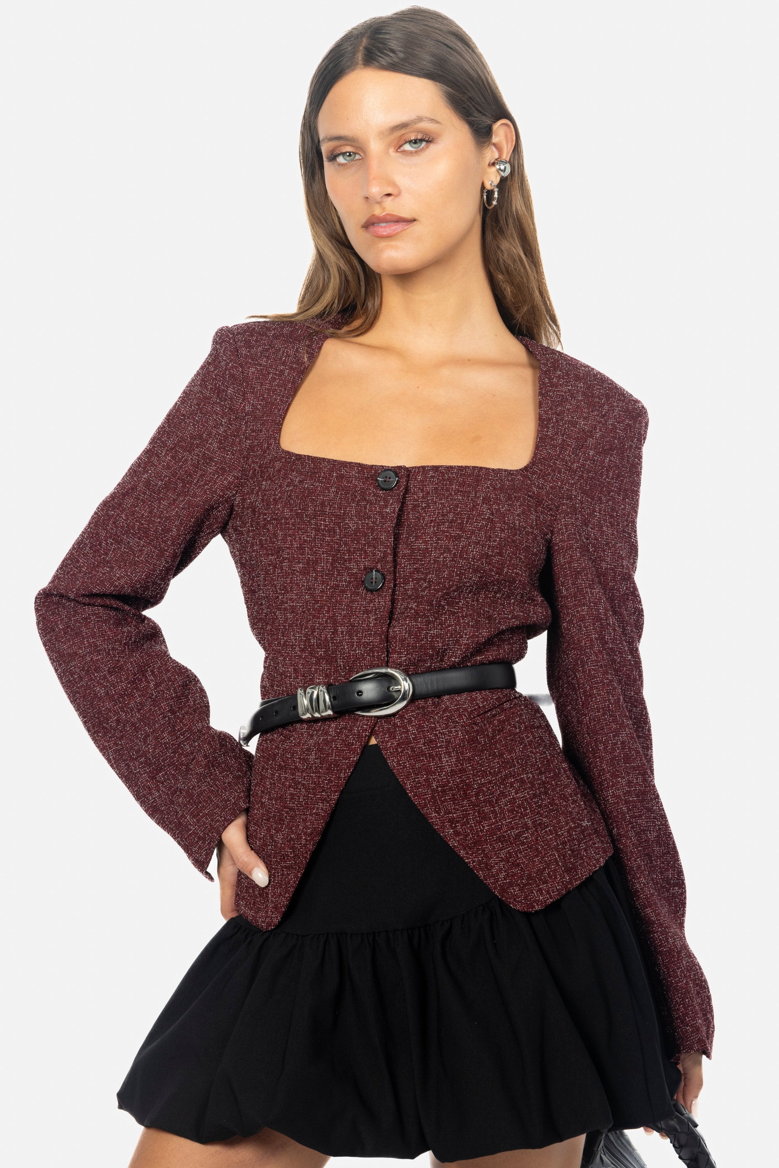 BURGUNDY STRUCTURED TWEED TOP