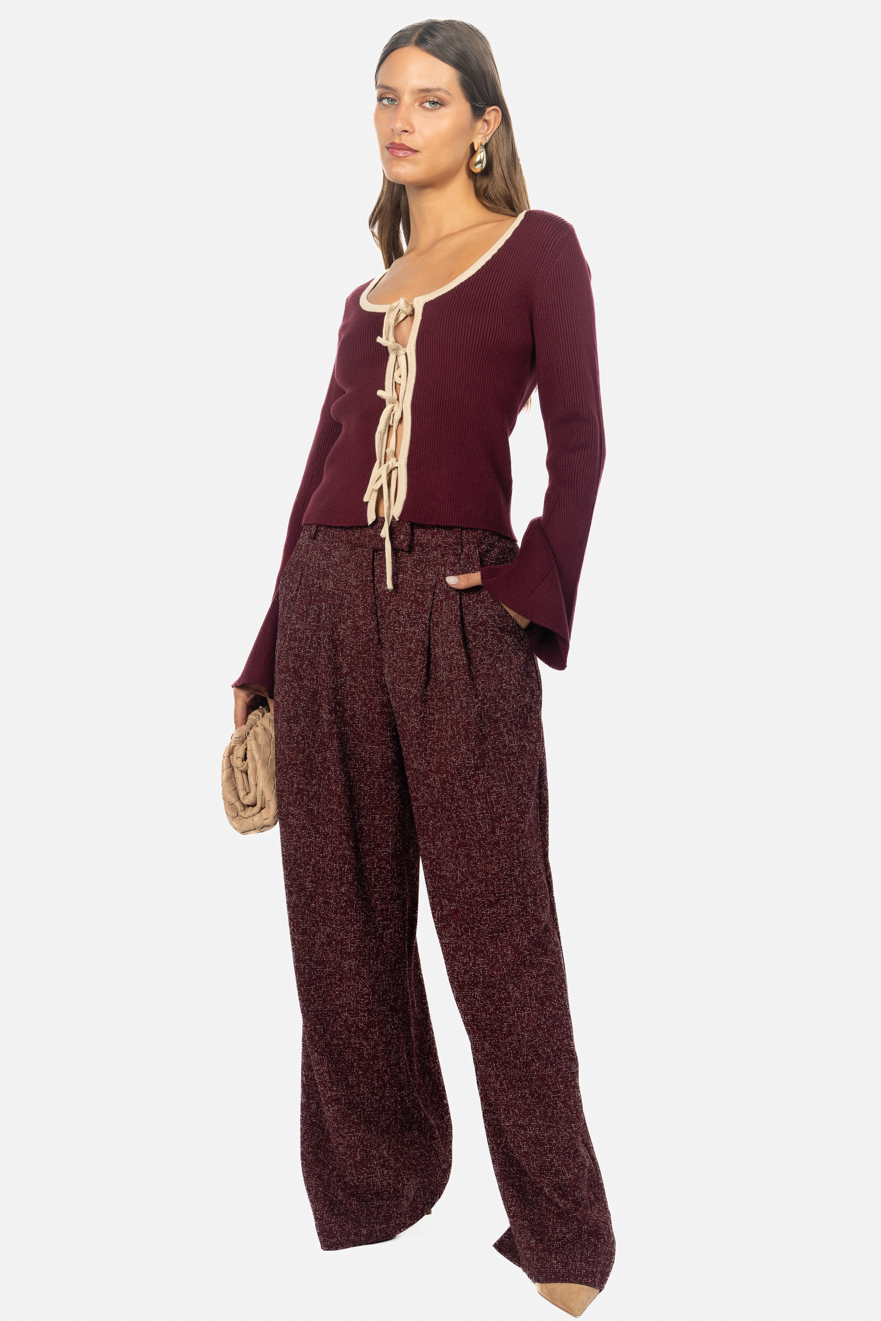 BURGUNDY STRUCTURED TWEED PANTS