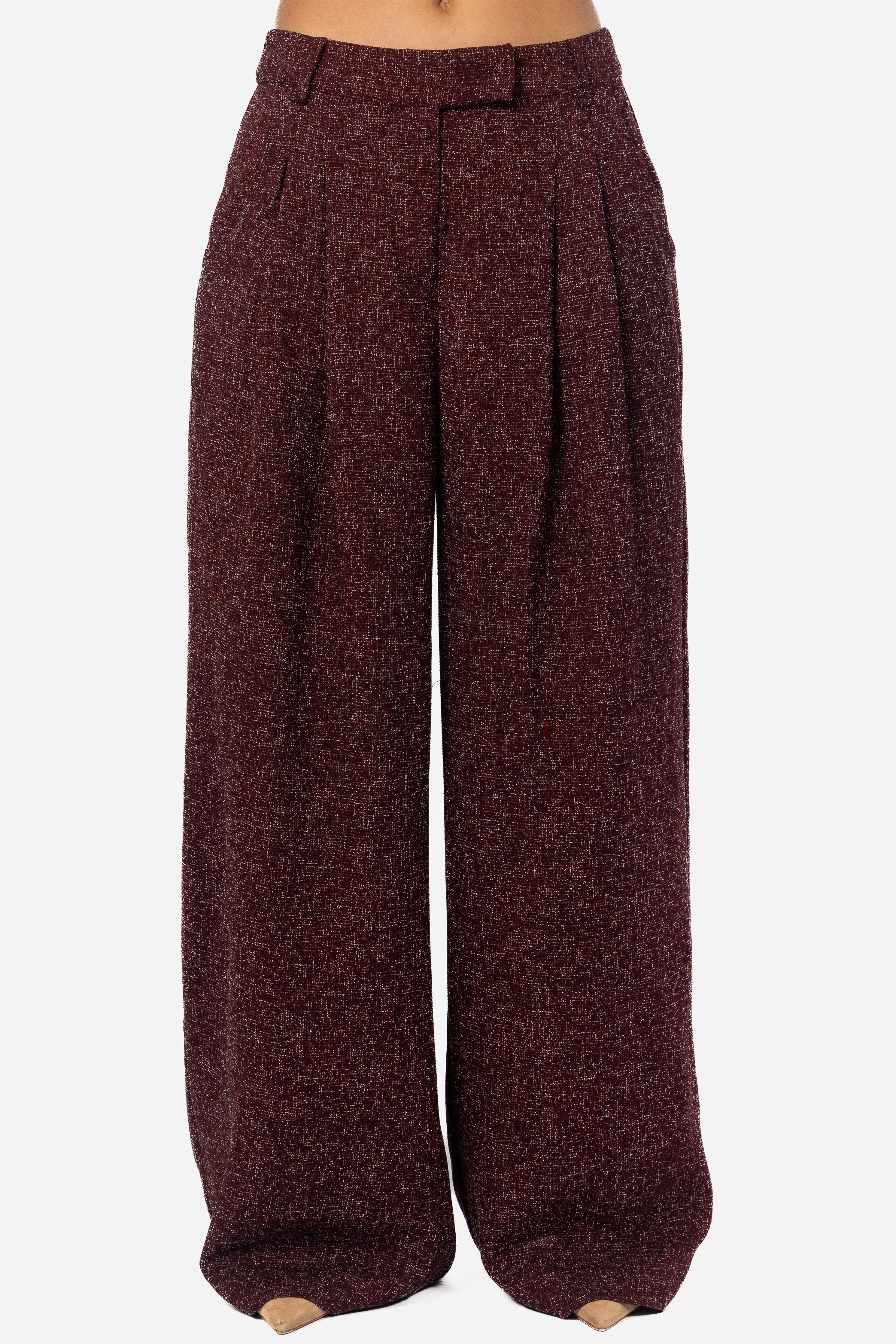 BURGUNDY STRUCTURED TWEED PANTS