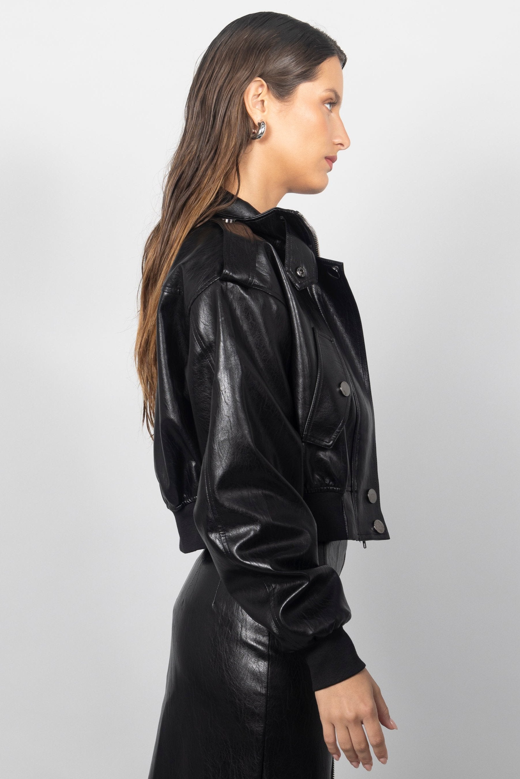 BLACK PU BOMBER JACKET