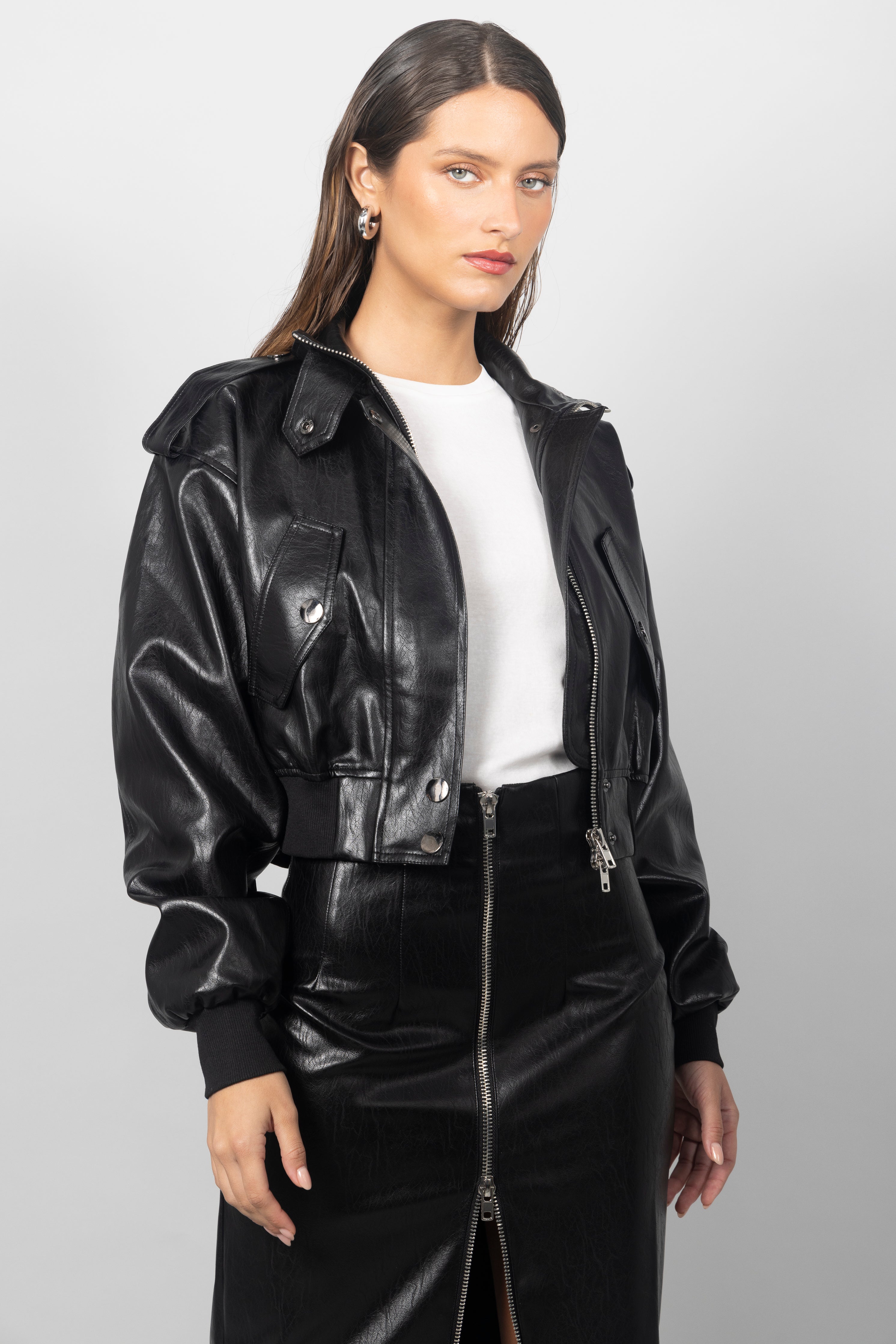 BLACK PU BOMBER JACKET