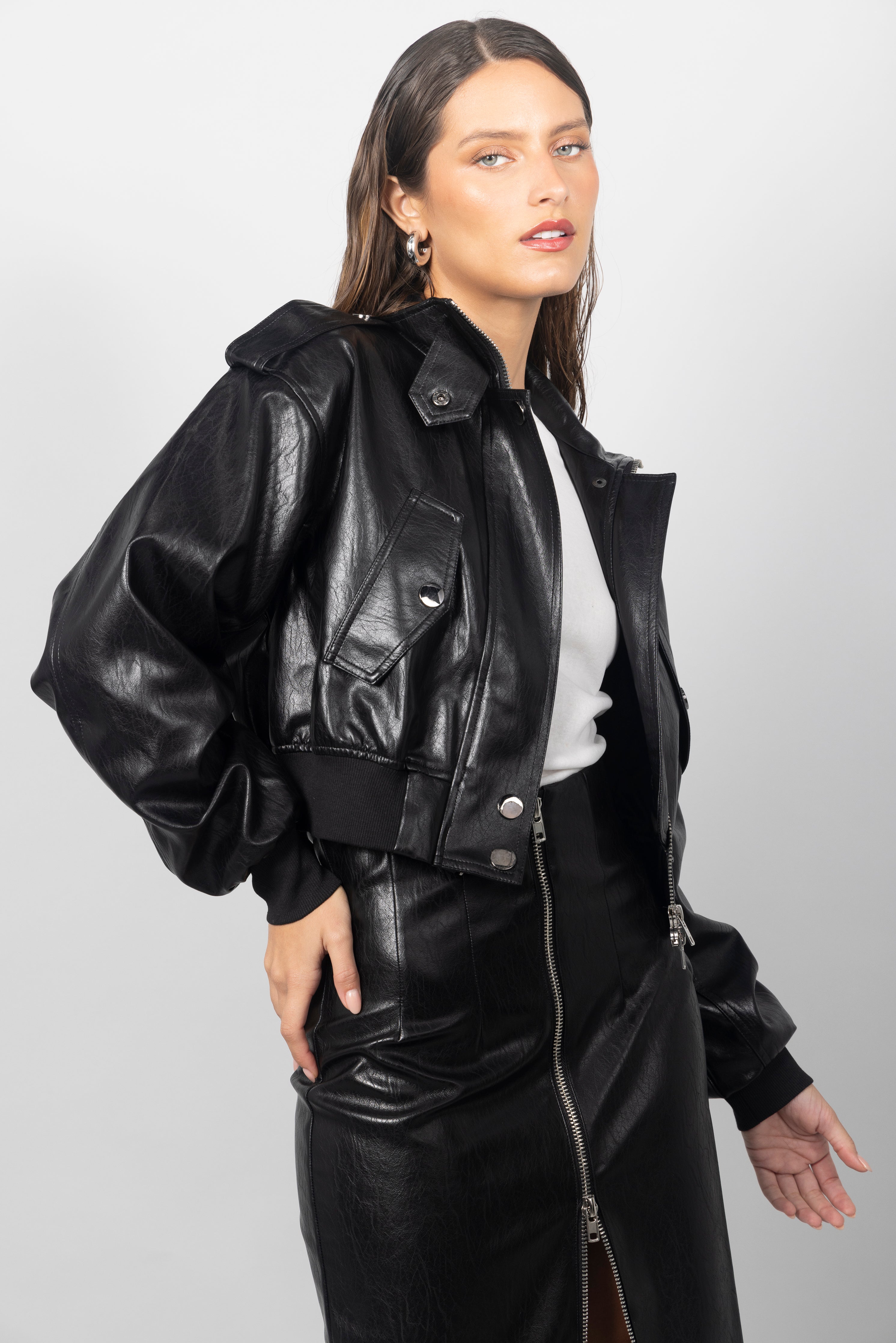 BLACK PU BOMBER JACKET