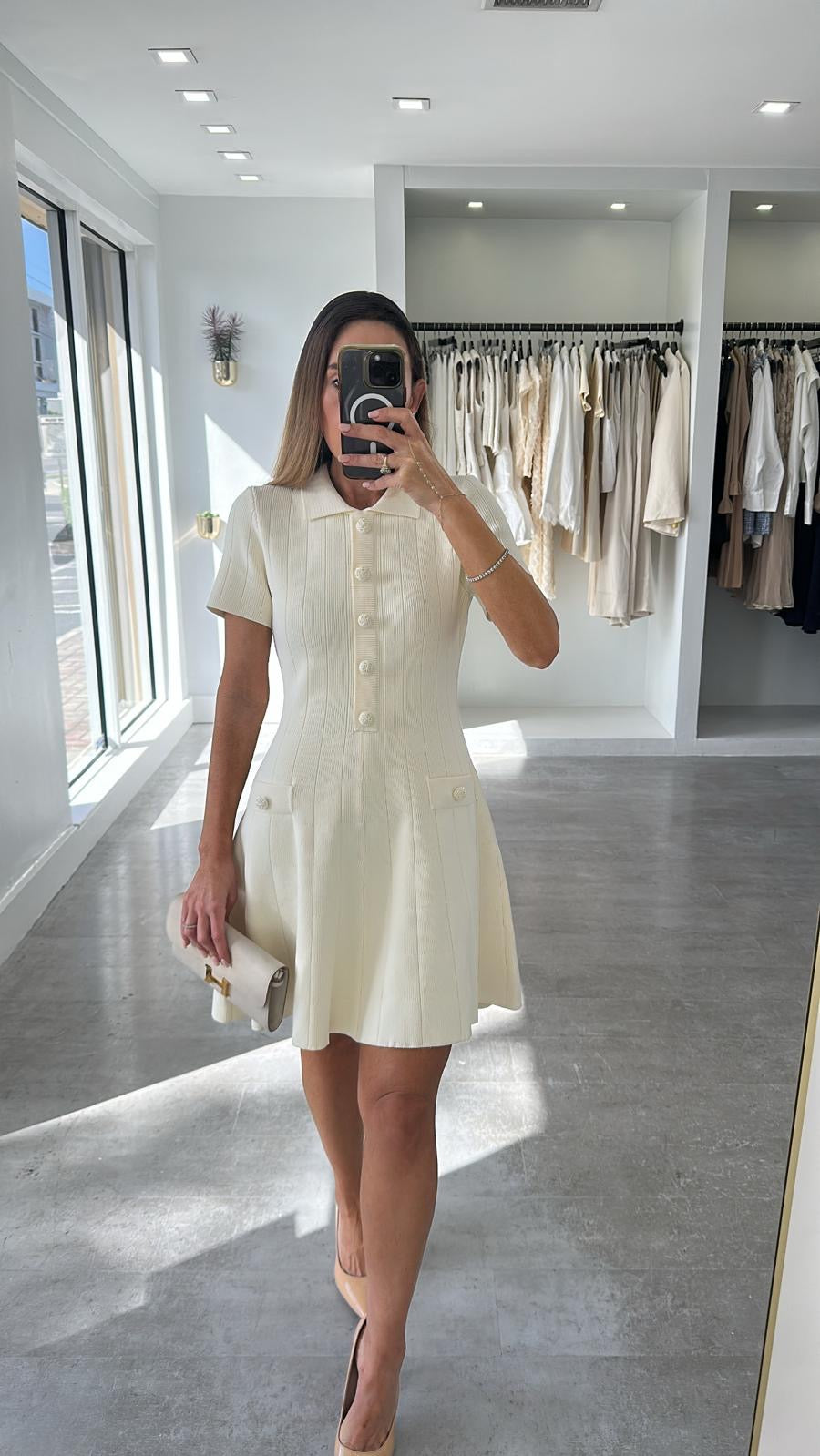 IVORY JEWELED BUTTONED DRESS