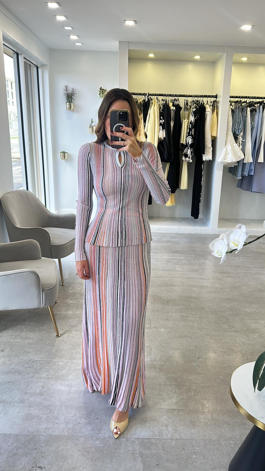 NEUTRAL STRIPED SKIRT SET