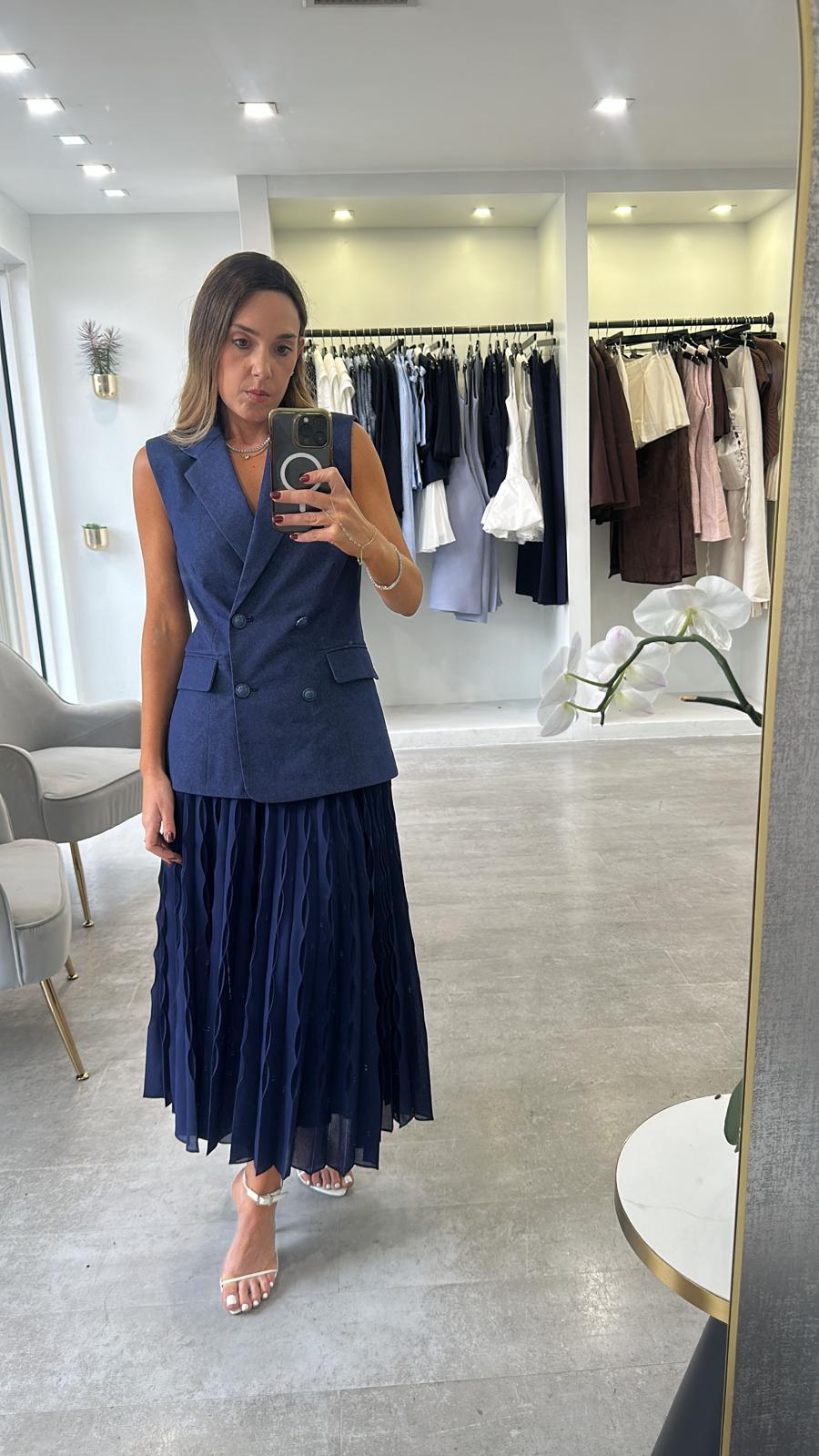 NAVY VEST PLEAT DRESS