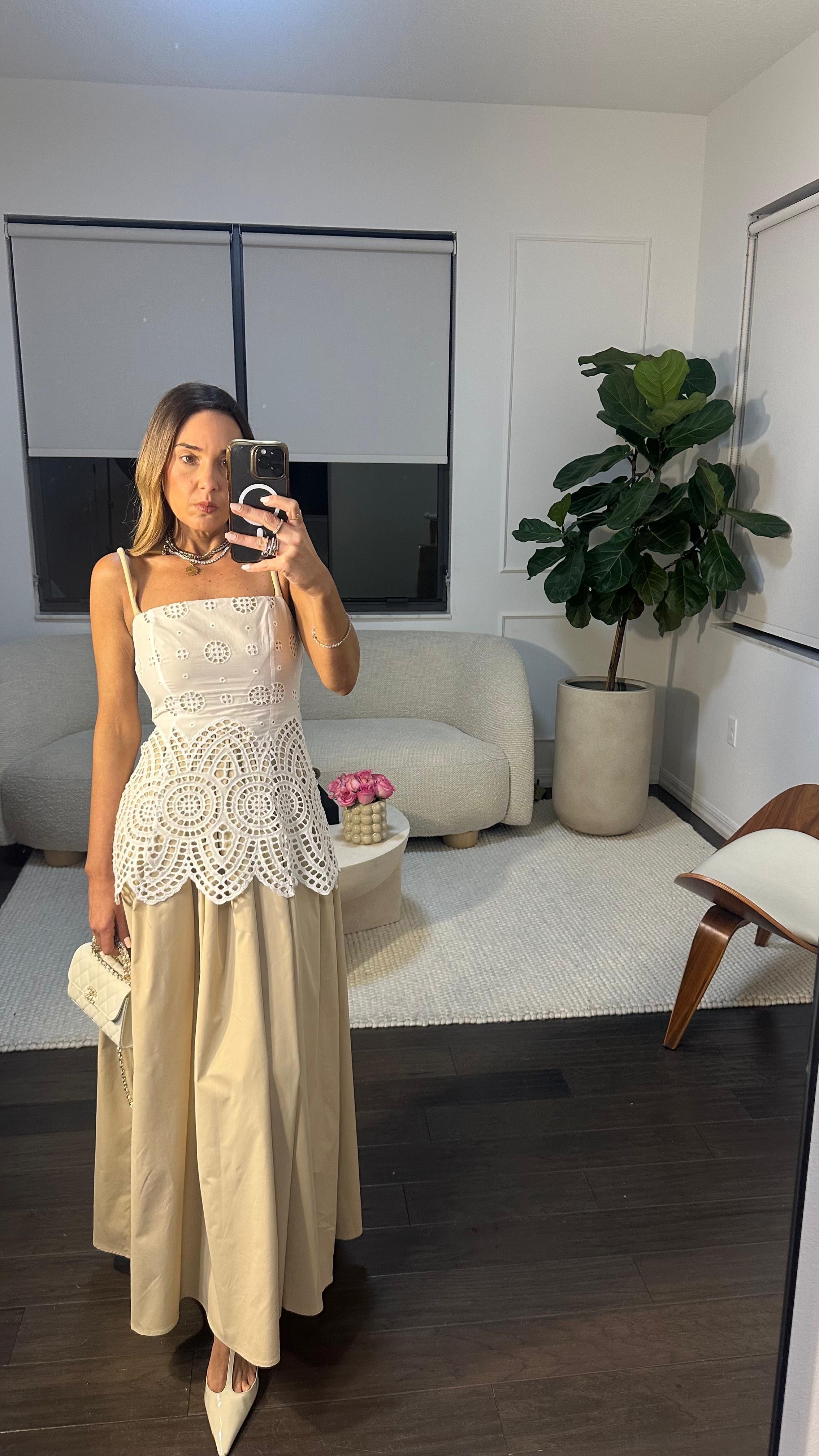 BEIGE LACE MIDI DRESS