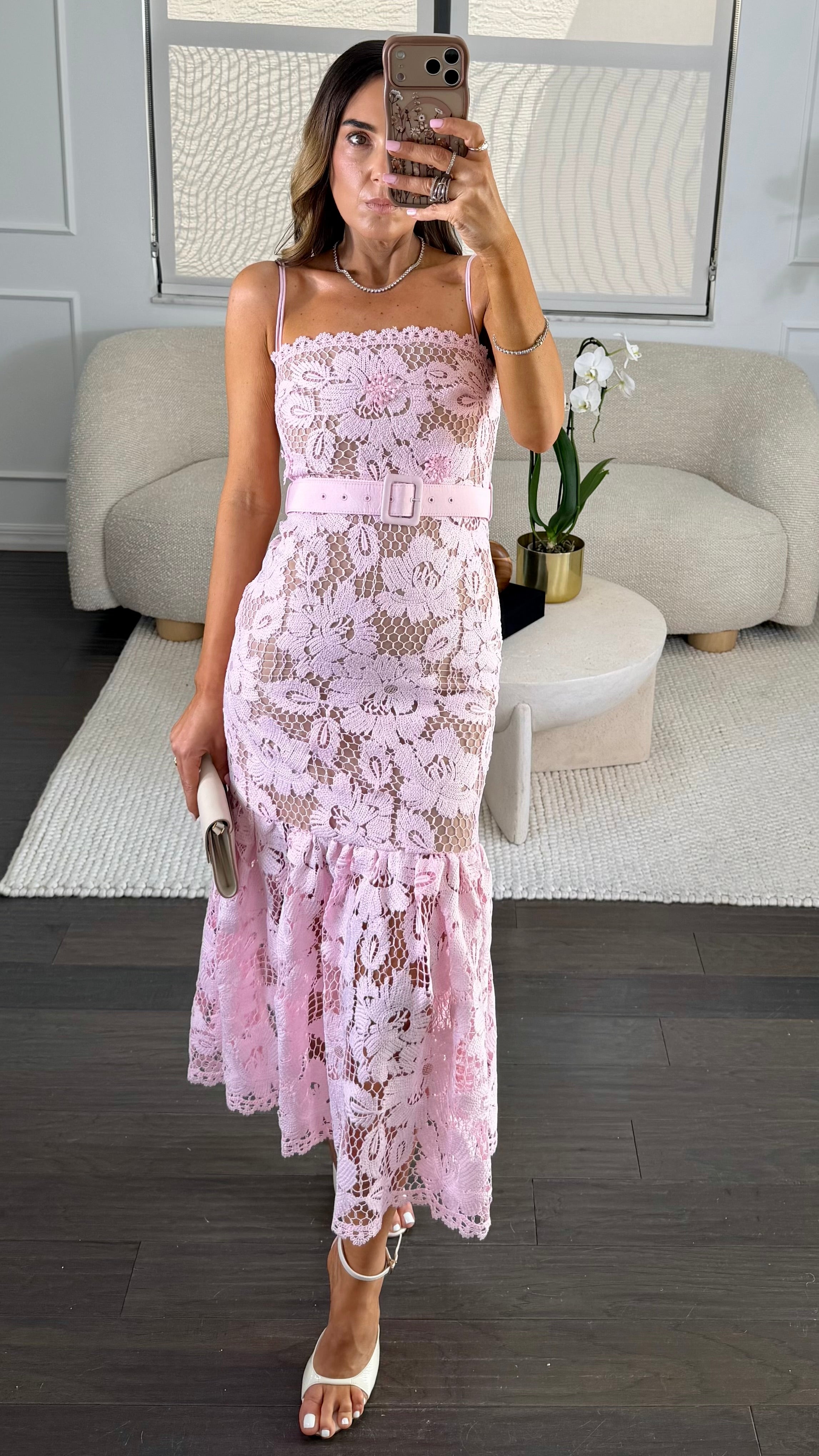 LACE PINK BELTED DRESS