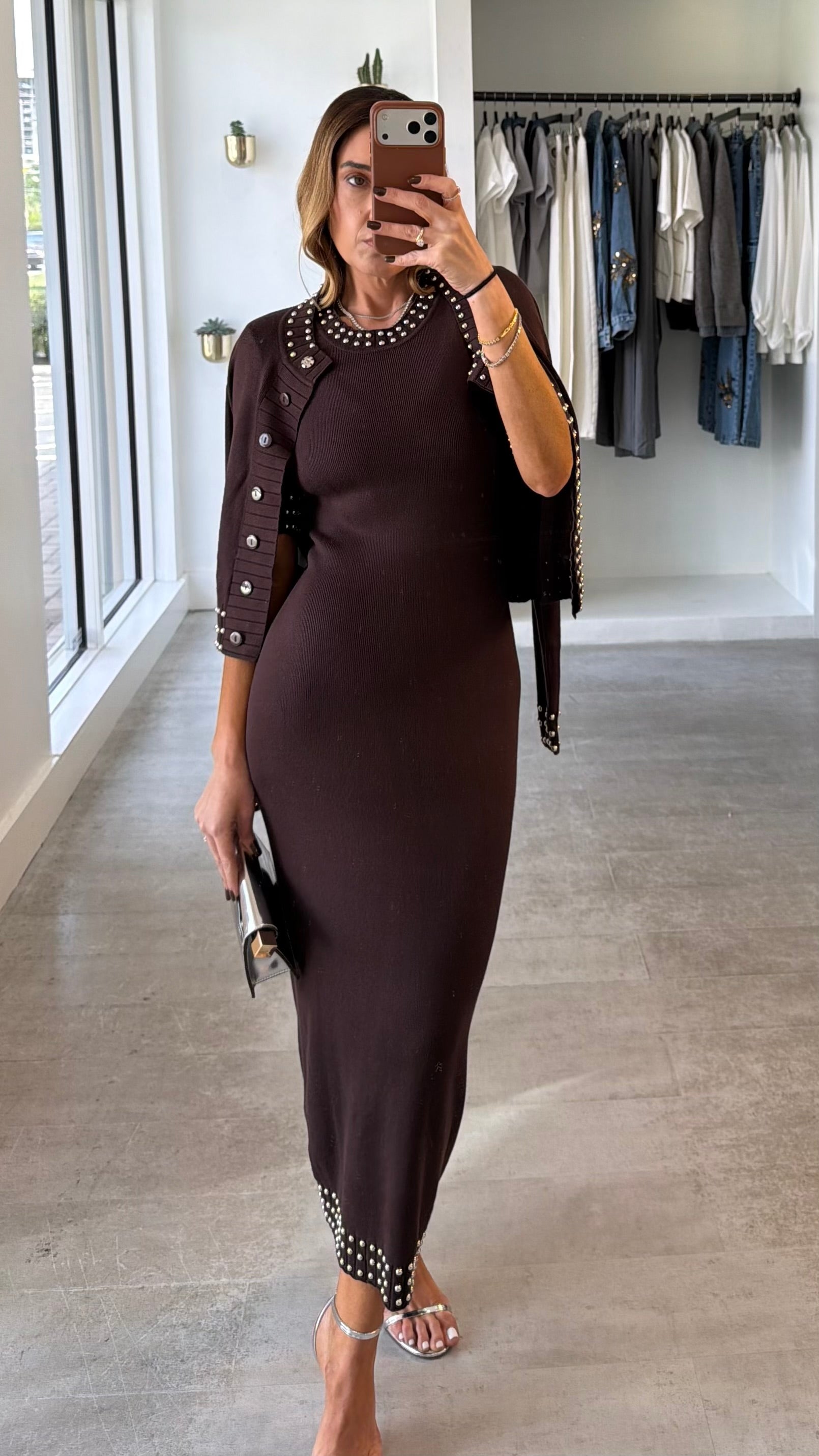 BROWN STUDDED MIDI