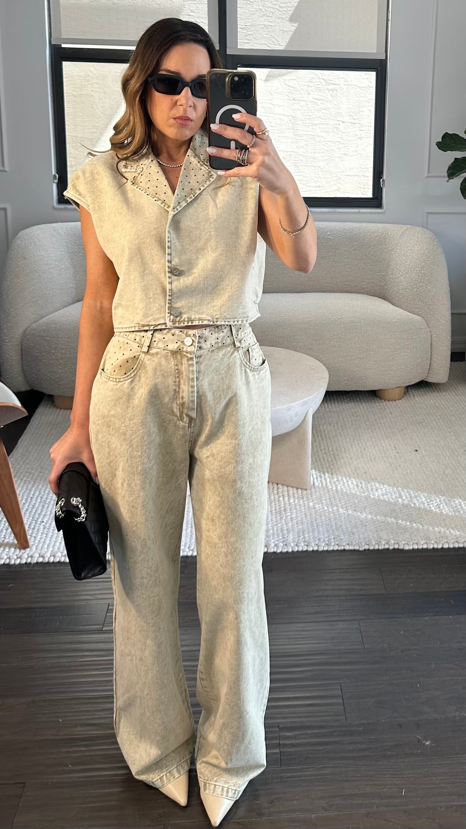 BEIGE POLKA DENIM SET